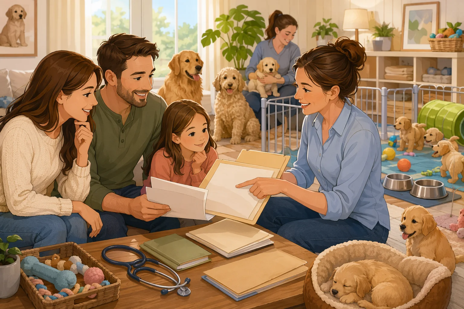 Family reviewing puppy health records with calm breeder in nursery