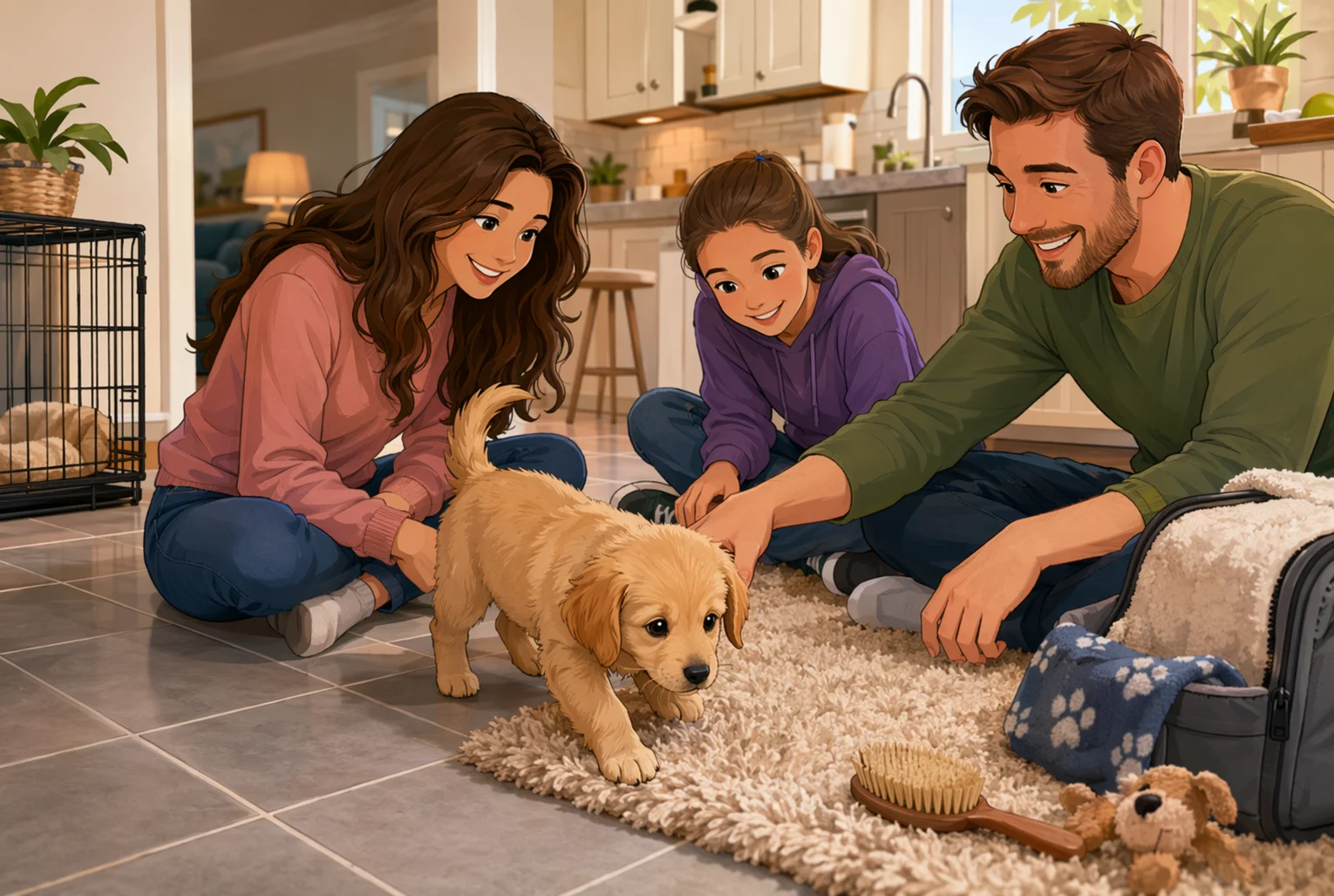 Puppy exploring cozy kitchen with family