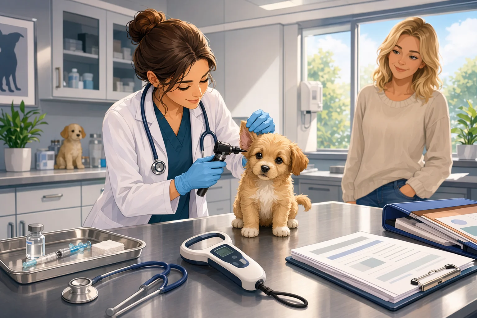 Veterinarian examining puppy on stainless table