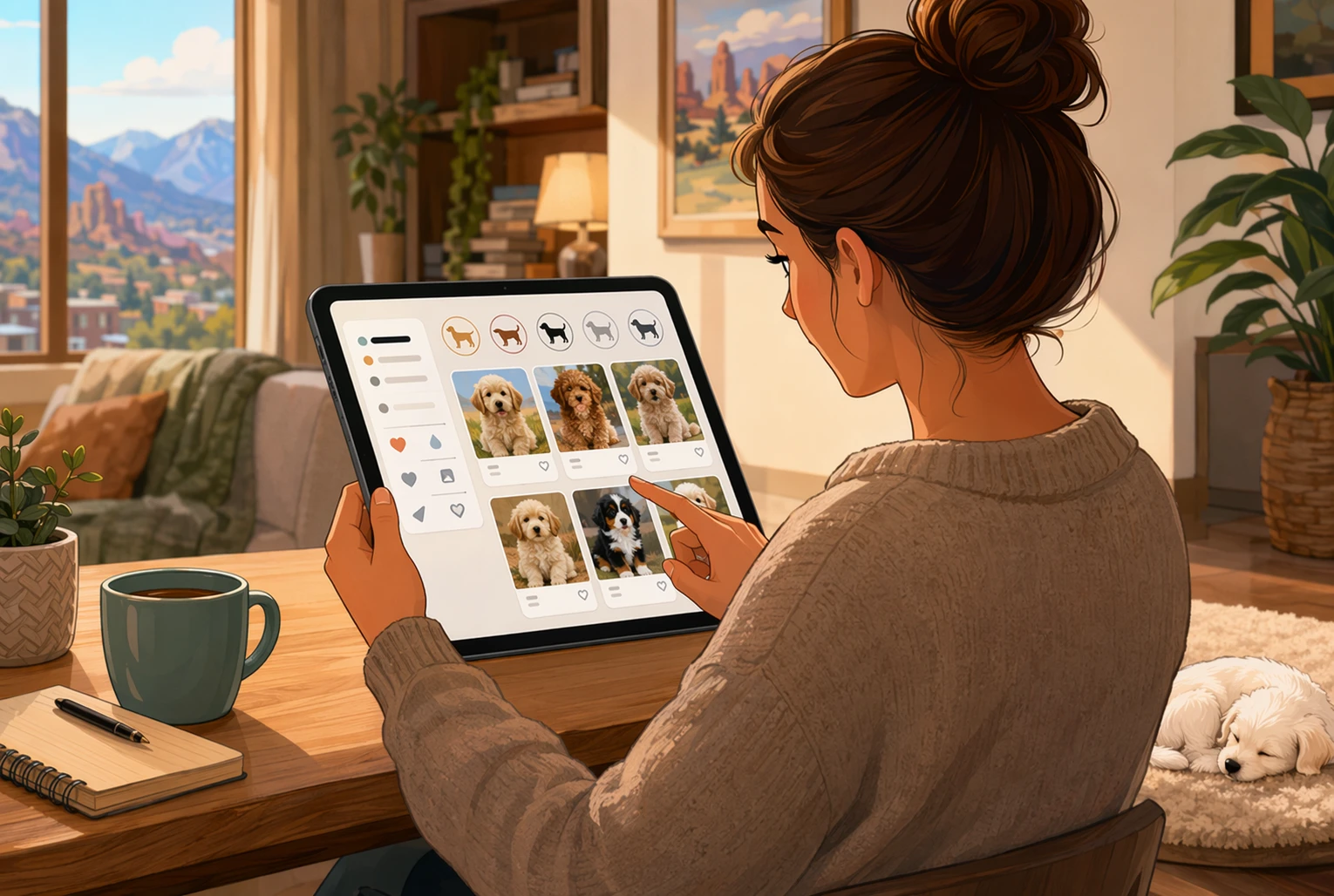 Parent comparing breeder listings on tablet with puppy nearby