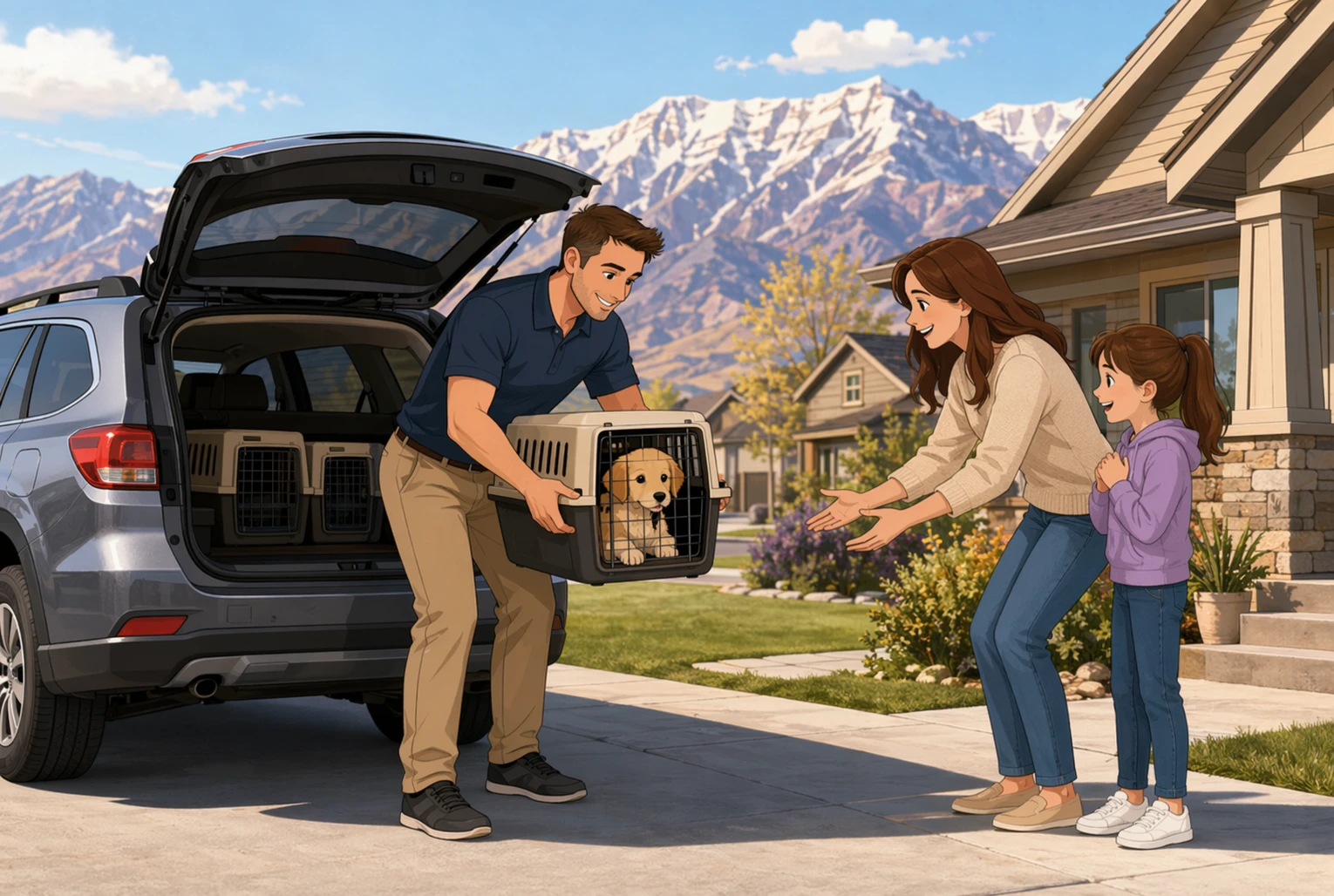 Puppy transporter loading crate outside Utah home