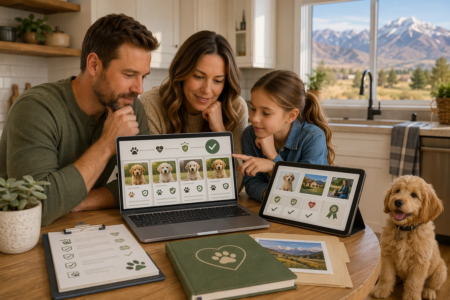Family reviewing puppy profiles on a computer at kitchen table