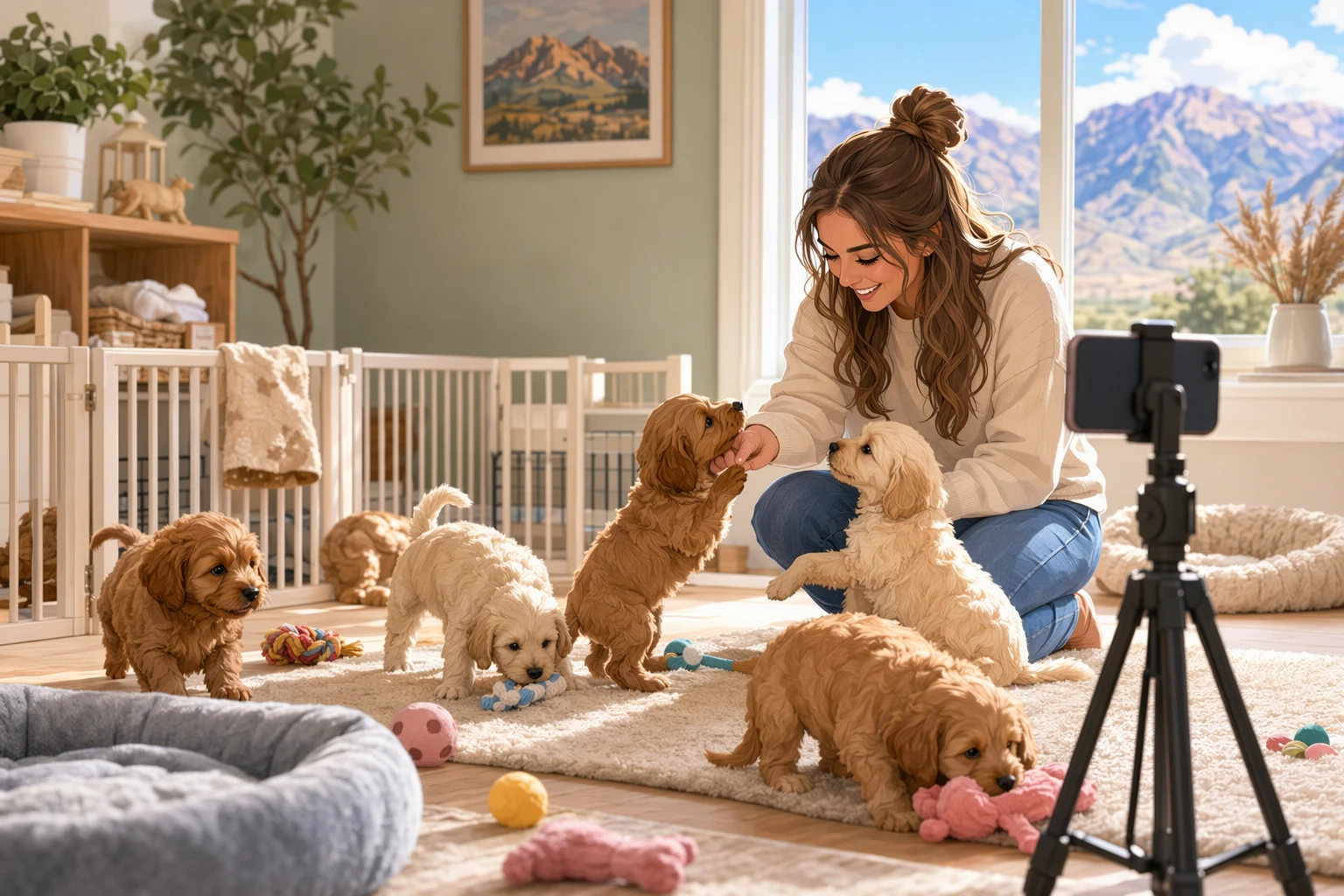 Breeder filming playful puppies in bright nursery