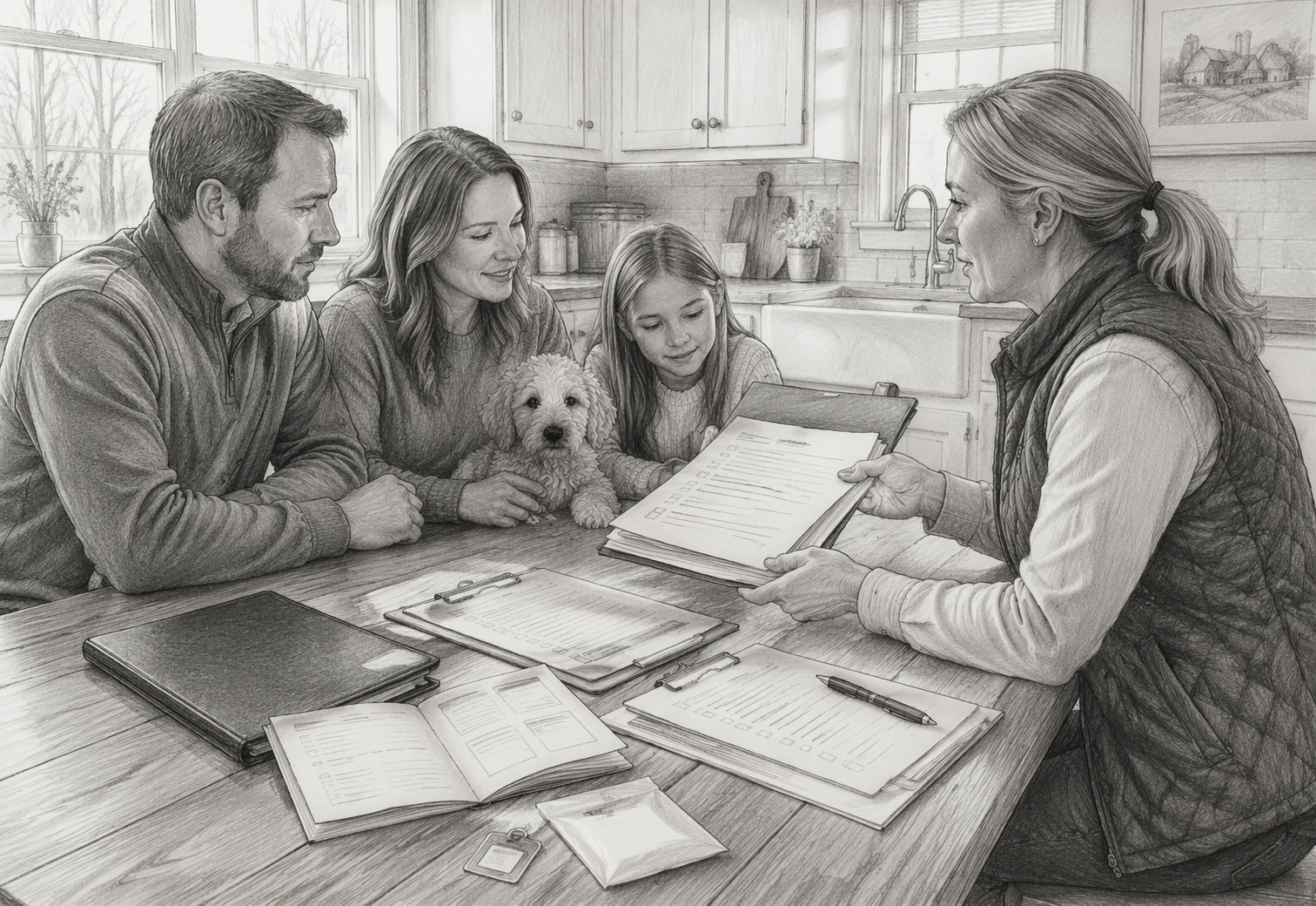 Family reviewing puppy health records at kitchen table