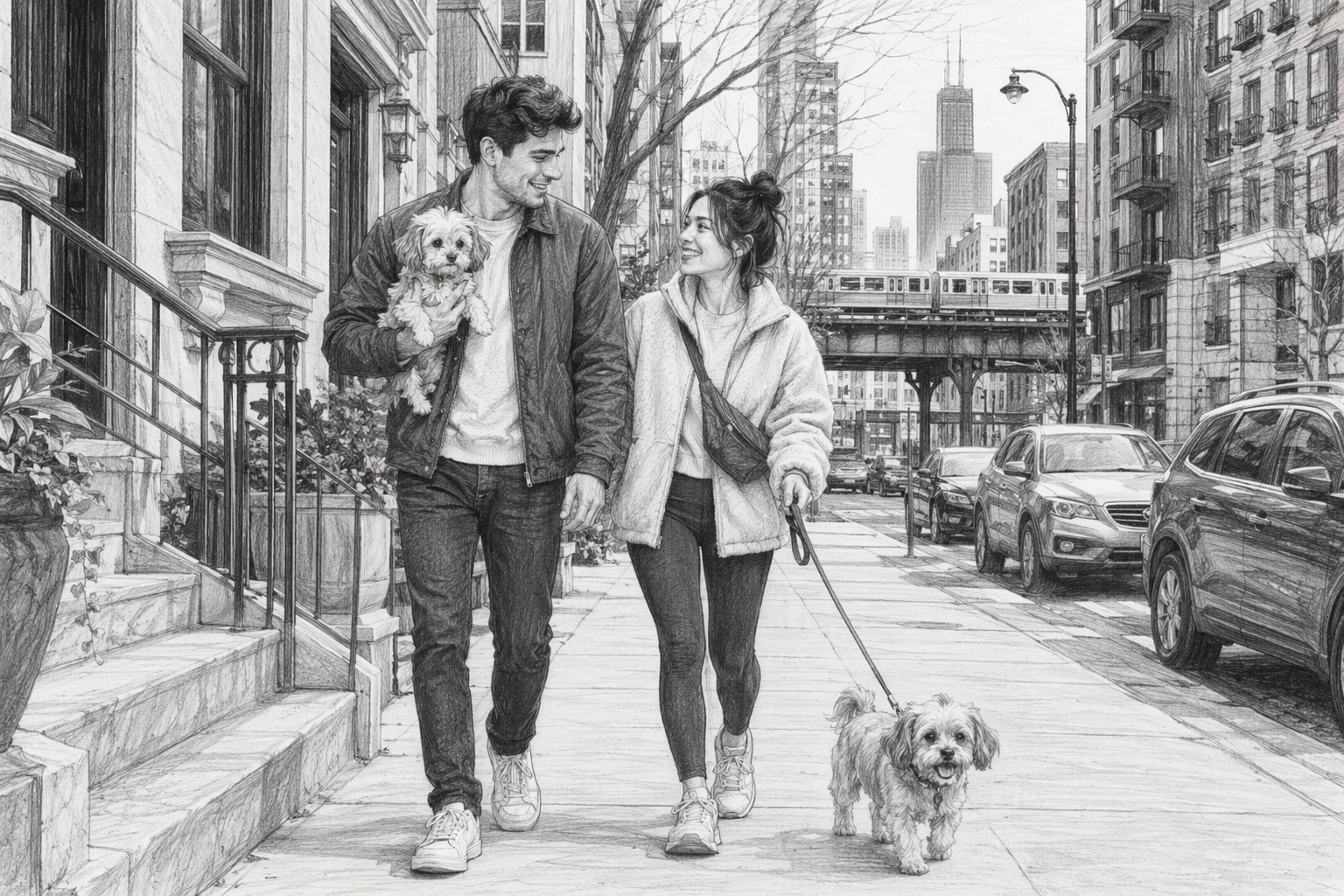 Couple walking small puppies on city sidewalk