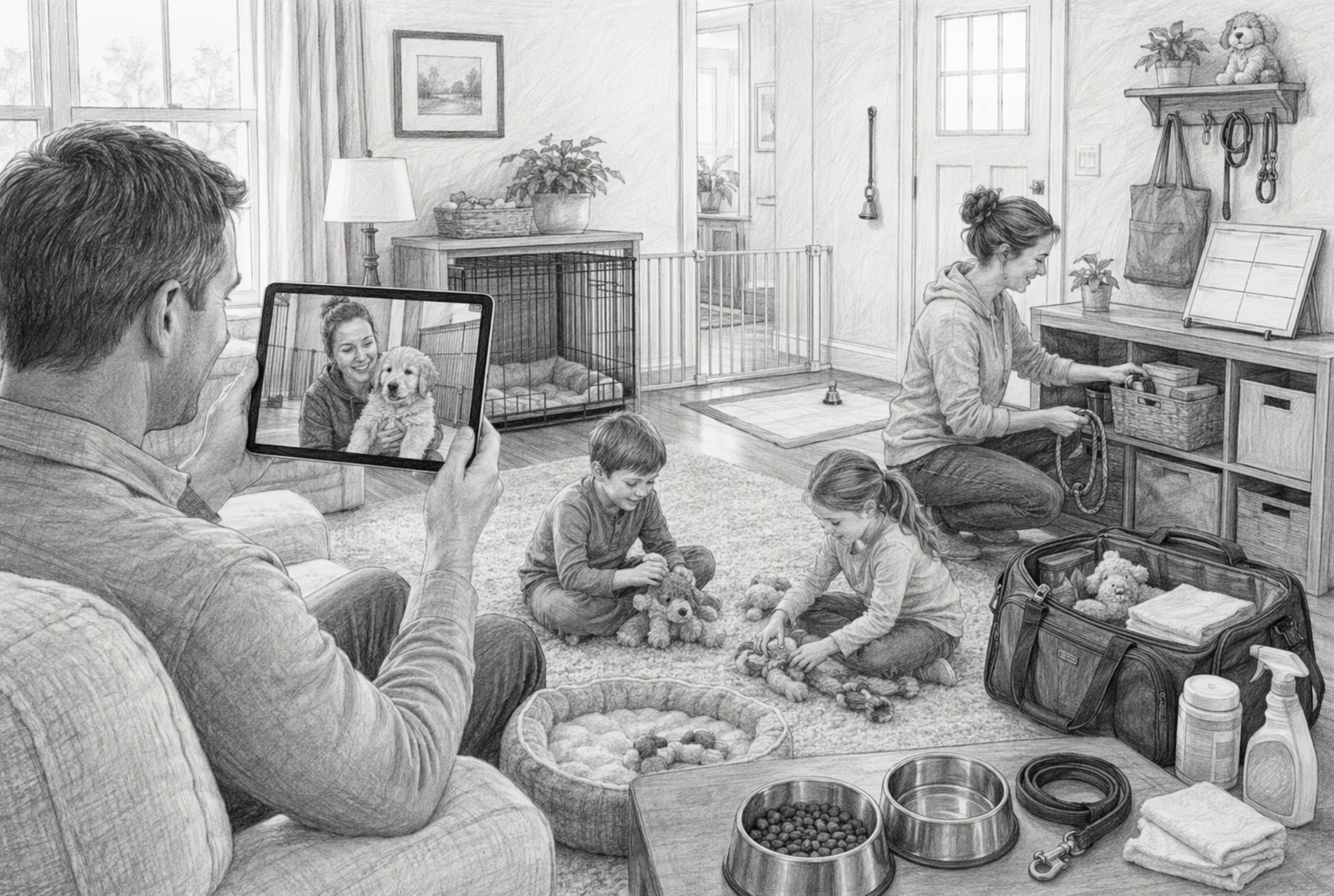 Breeder video call with family in tidy living room