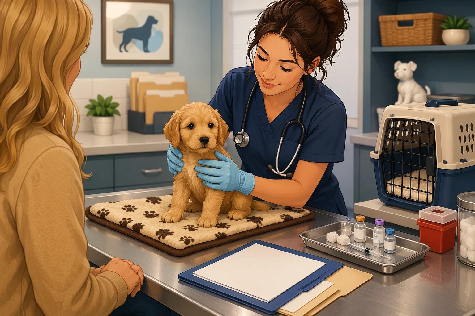 Vet technician examining puppy with vaccination supplies