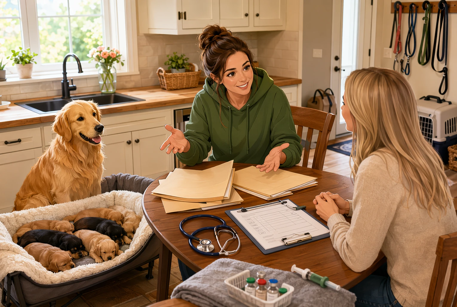 Breeder reviewing puppy health records at kitchen table