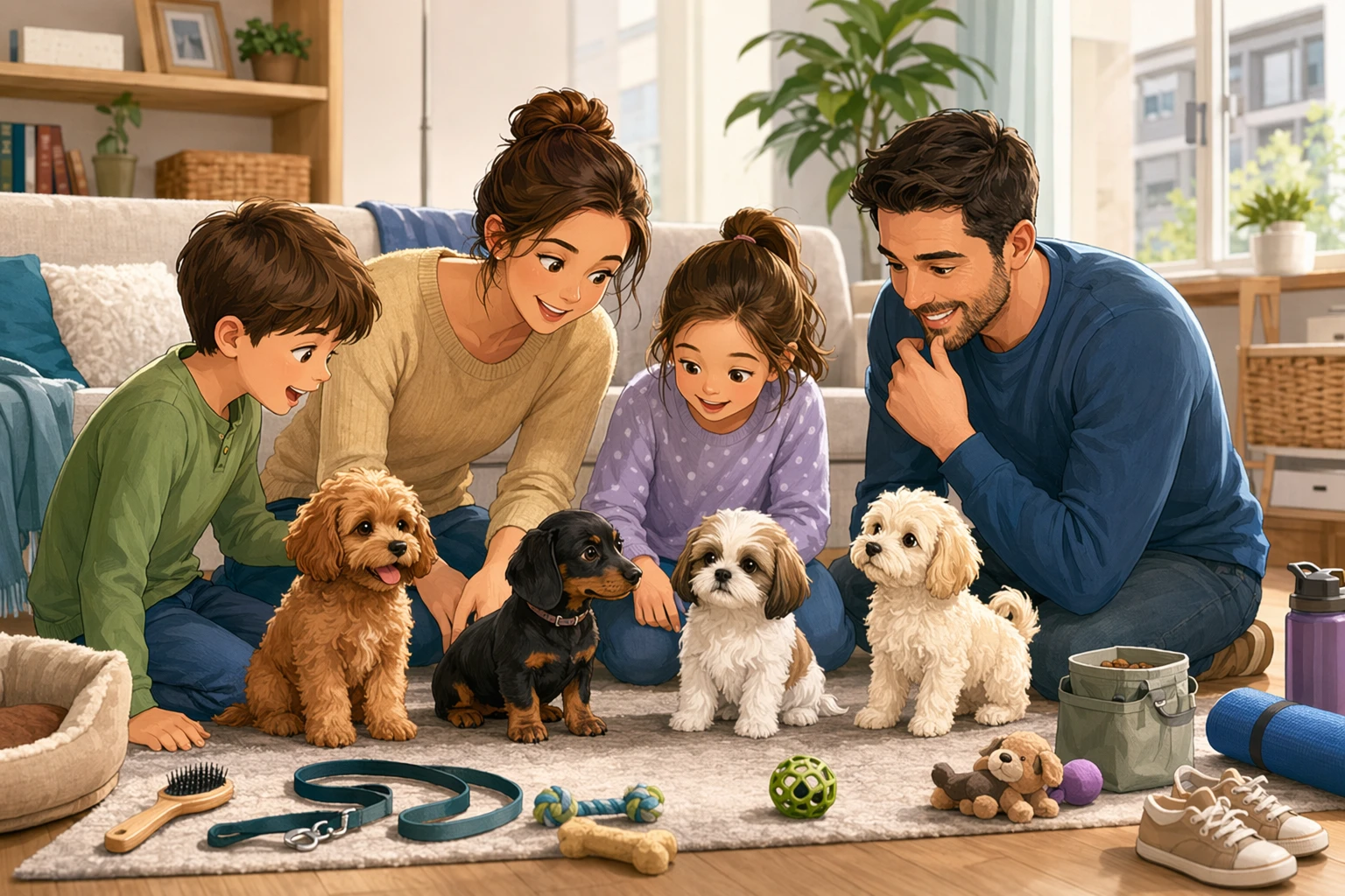 Family comparing small puppies in bright living room