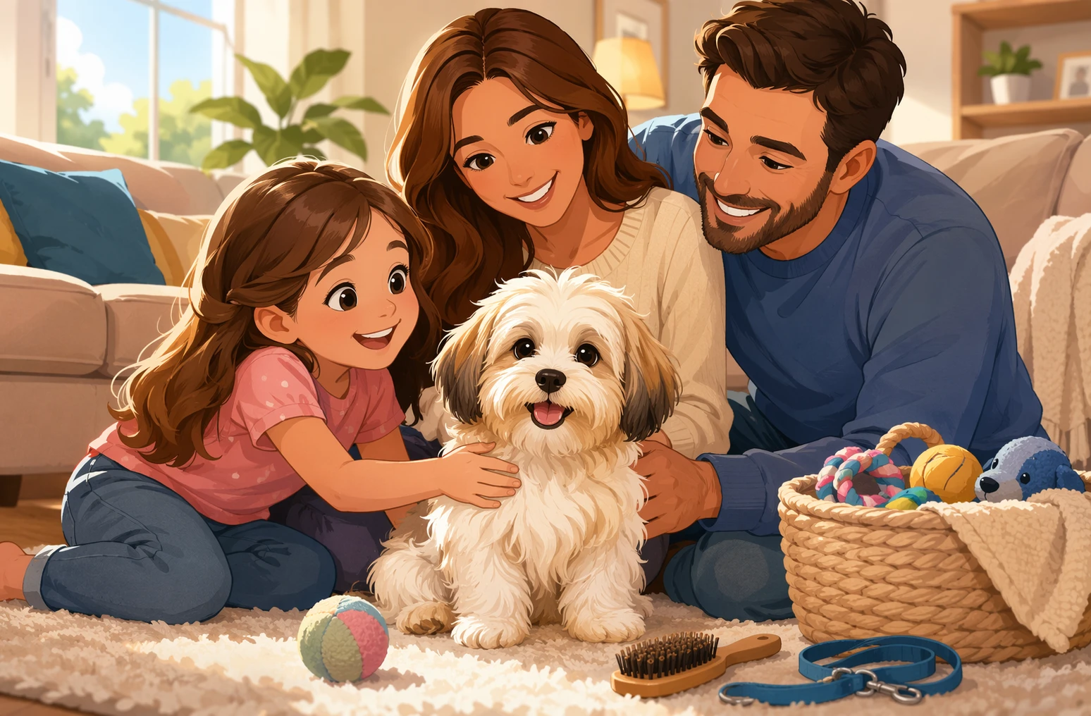Family cuddling cheerful Havanese puppy in bright living room