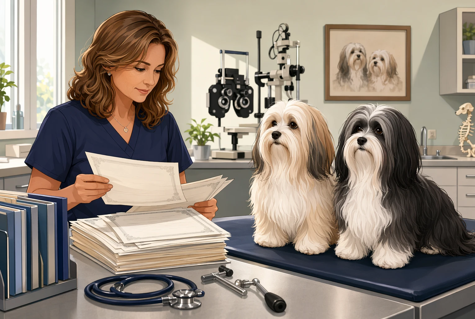 Breeder reviewing health certificates with Havanese dogs