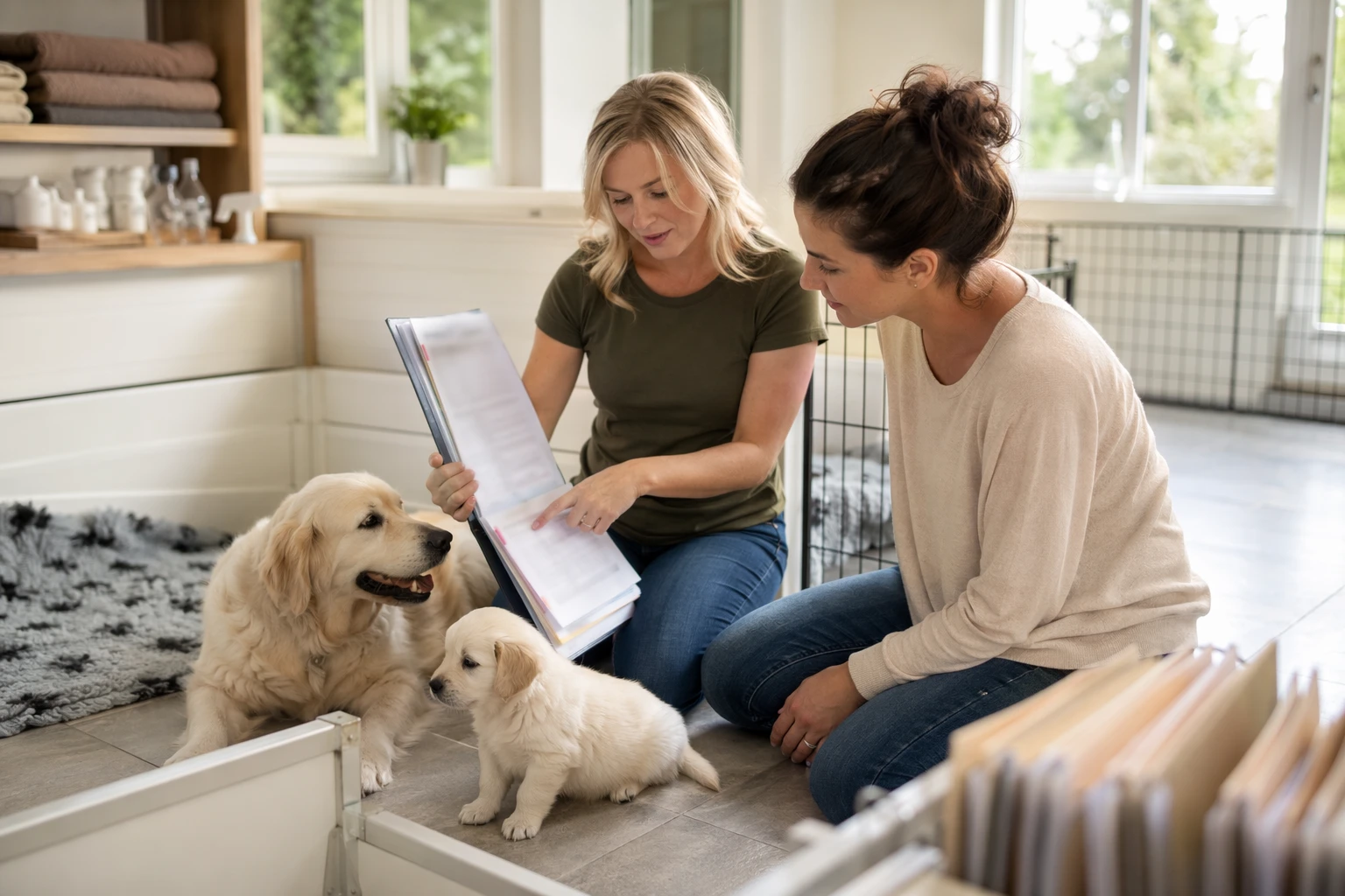 Breeder reviewing puppy health records beside calm mother dog