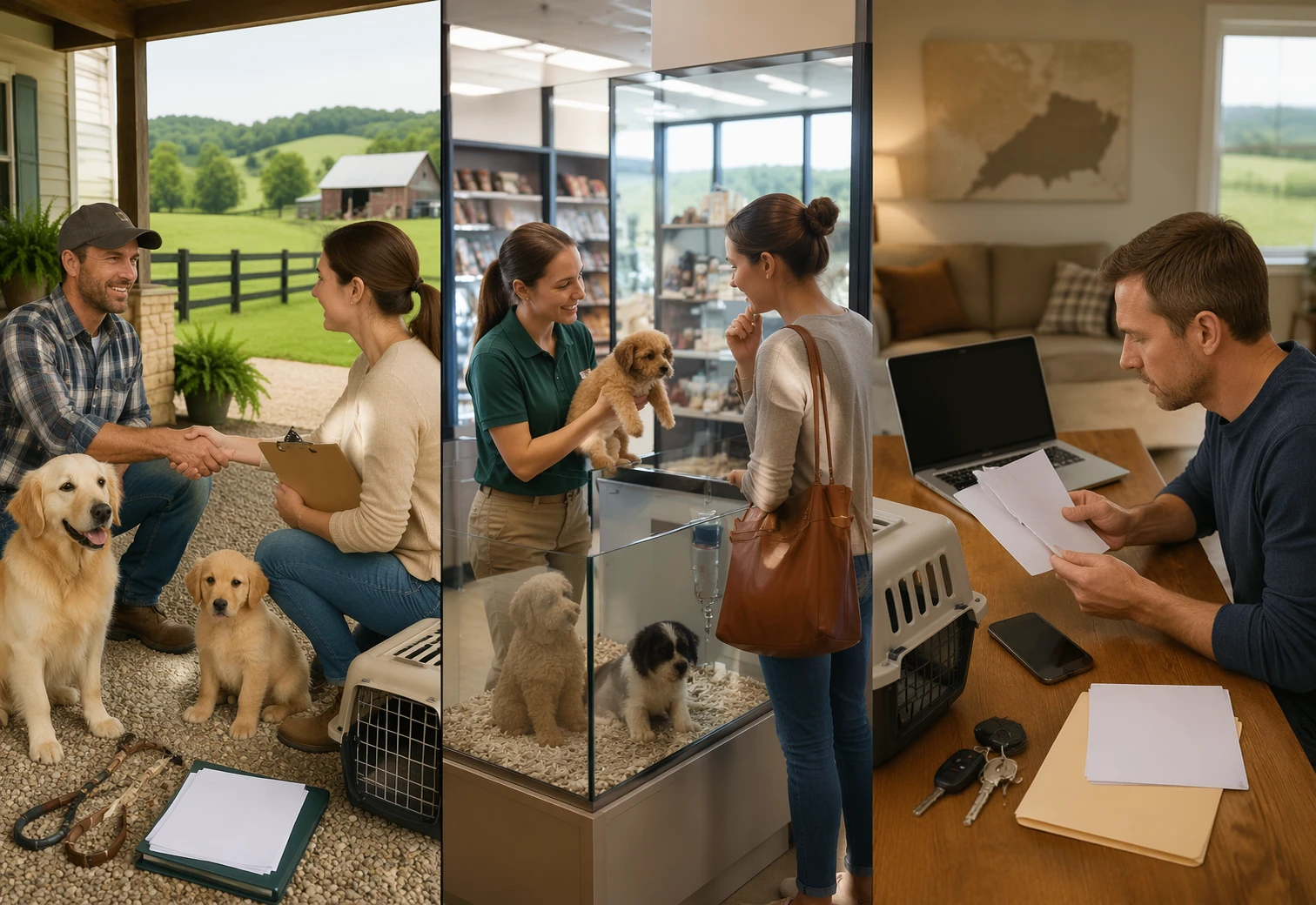 Split-screen comparison of breeder, store, and online sourcing scenes