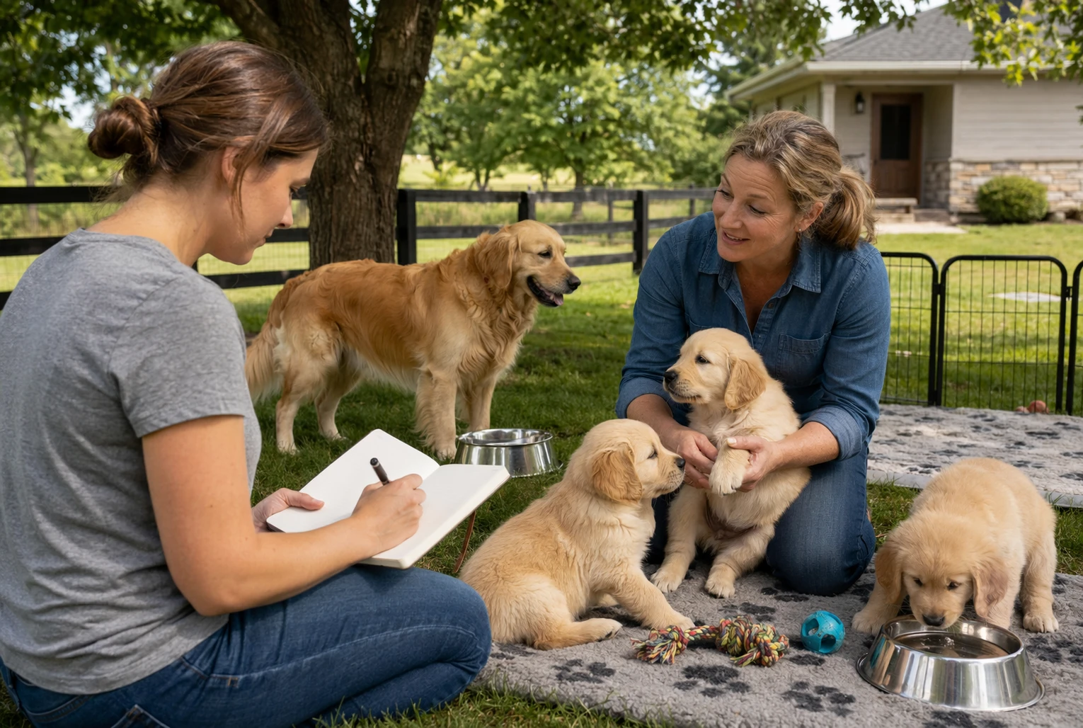 Buyer taking notes outdoors with breeder and puppies