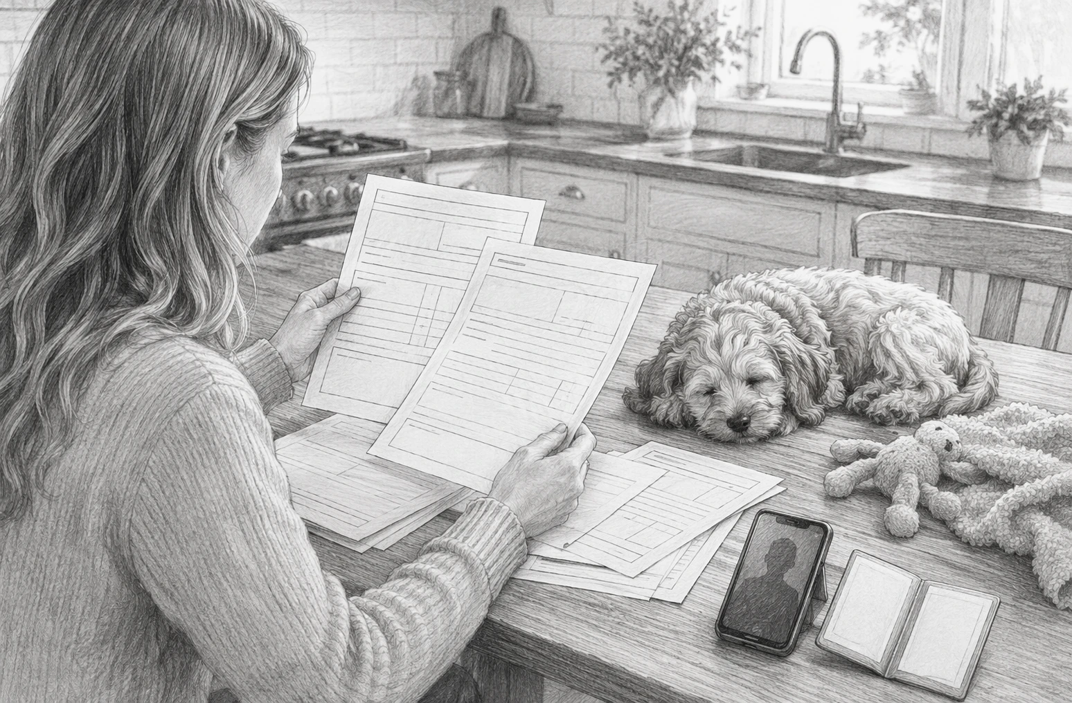 Buyer reviewing puppy health records beside sleeping Cavapoo