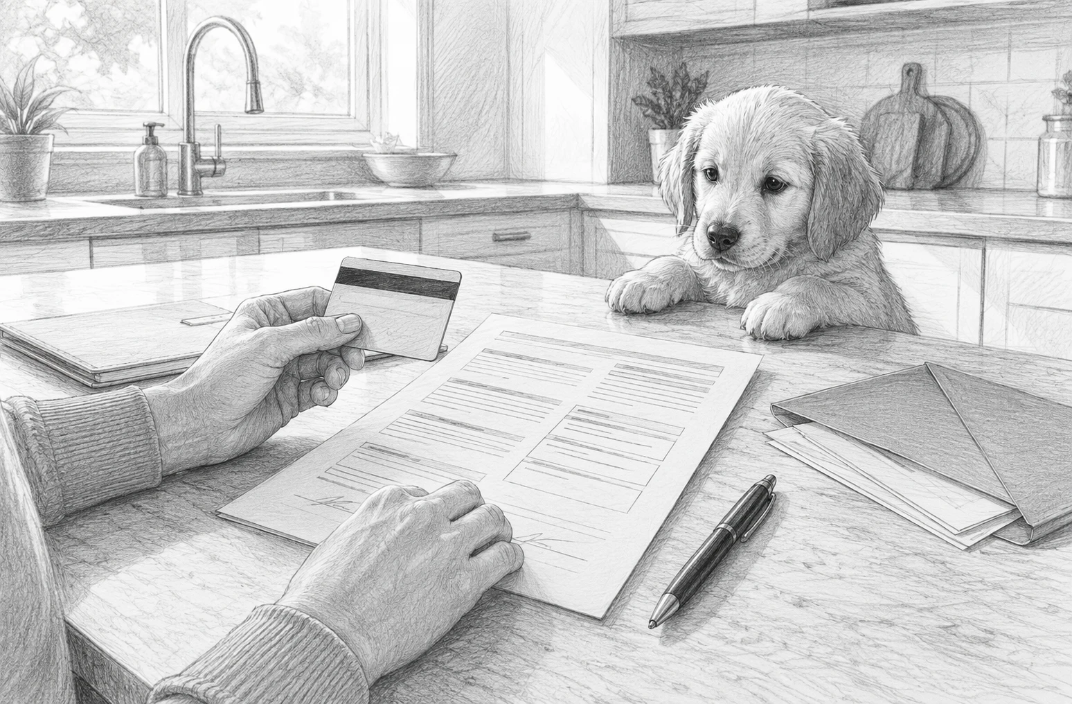 Parent holding credit card beside puppy contract on kitchen counter