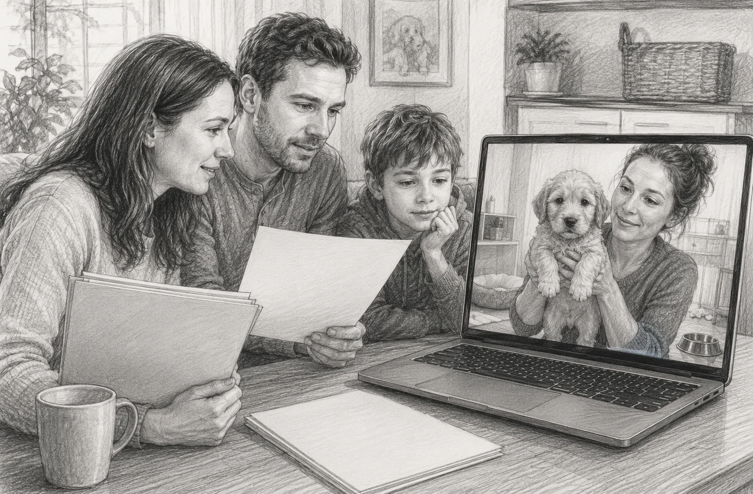 Family on video call with breeder indoors