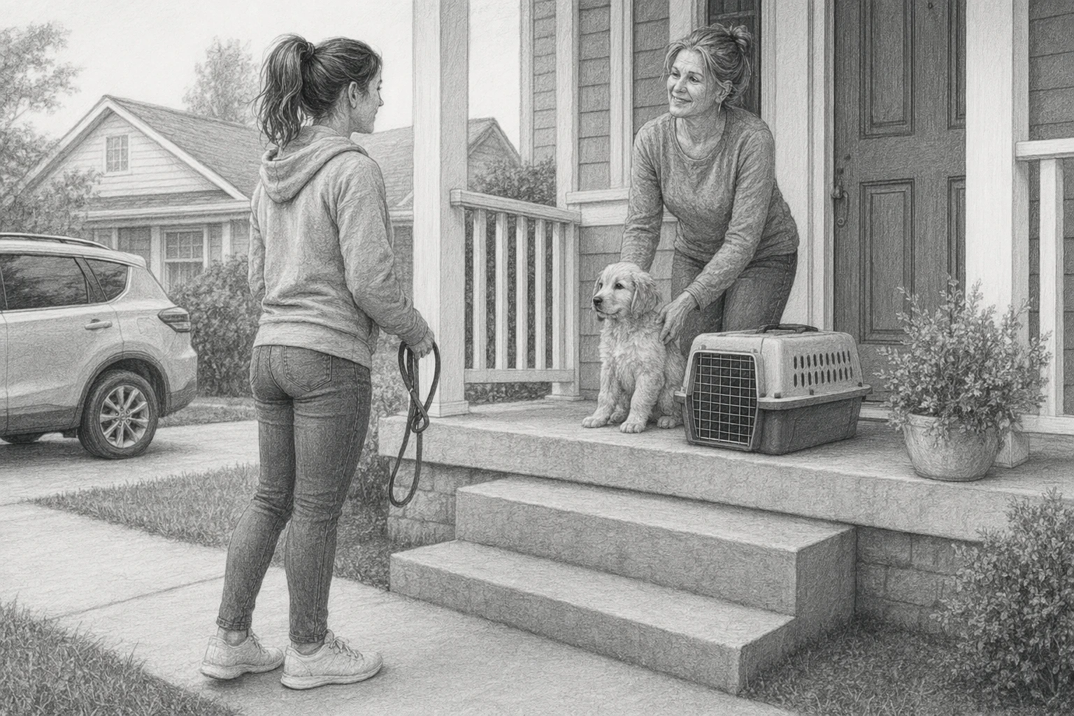 Buyer meeting breeder with puppy on porch