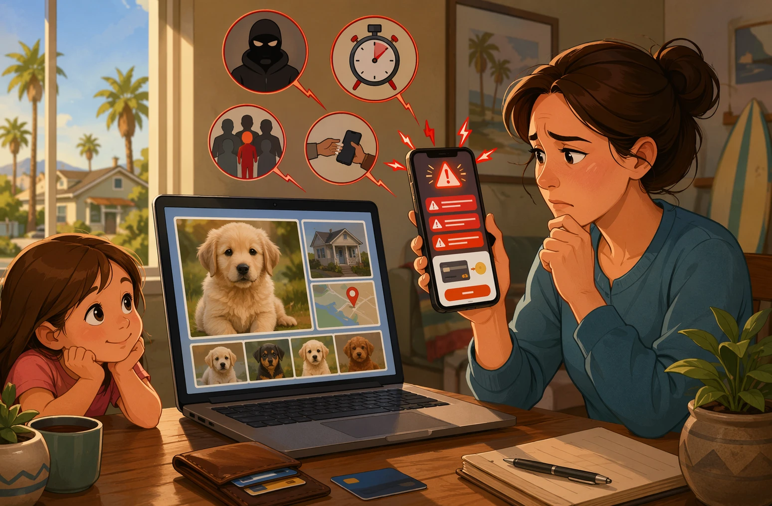 Worried parent reviewing puppy listing on smartphone