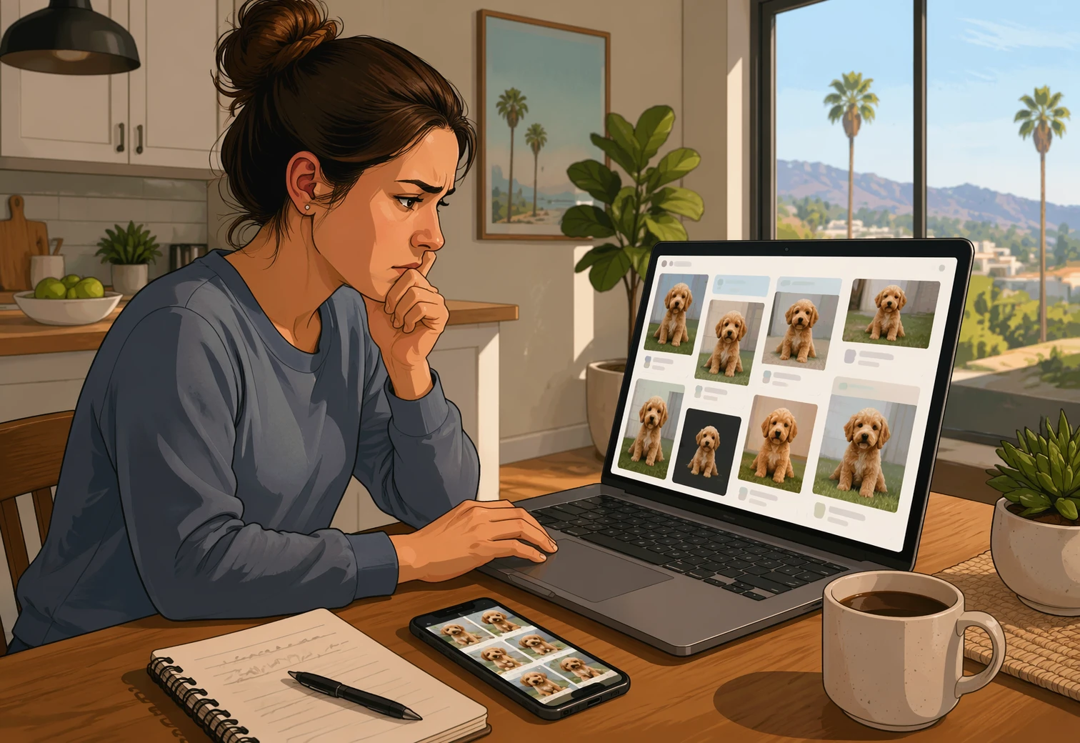 Person comparing puppy photos on laptop at kitchen table