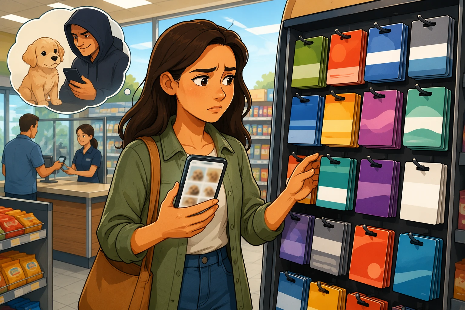 Buyer hesitates near gift card display in pet store