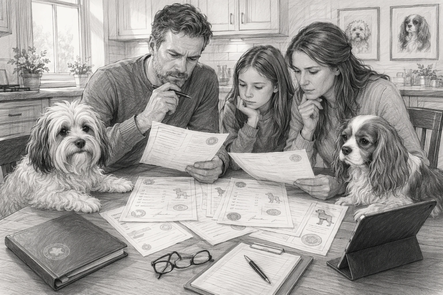 Family reviewing health certificates with Havanese and Cavalier dogs at kitchen table