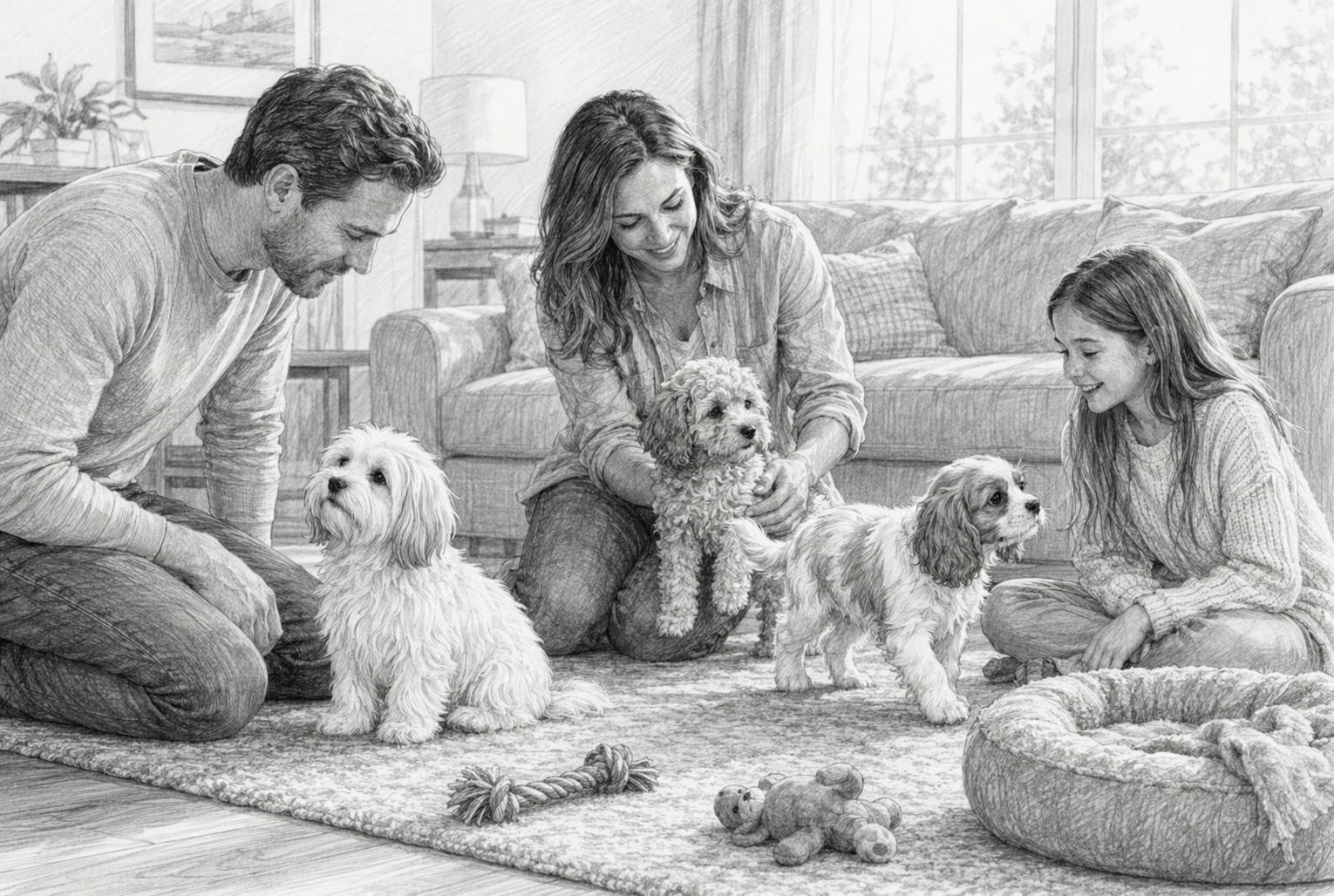 Family comparing small puppy breeds in living room