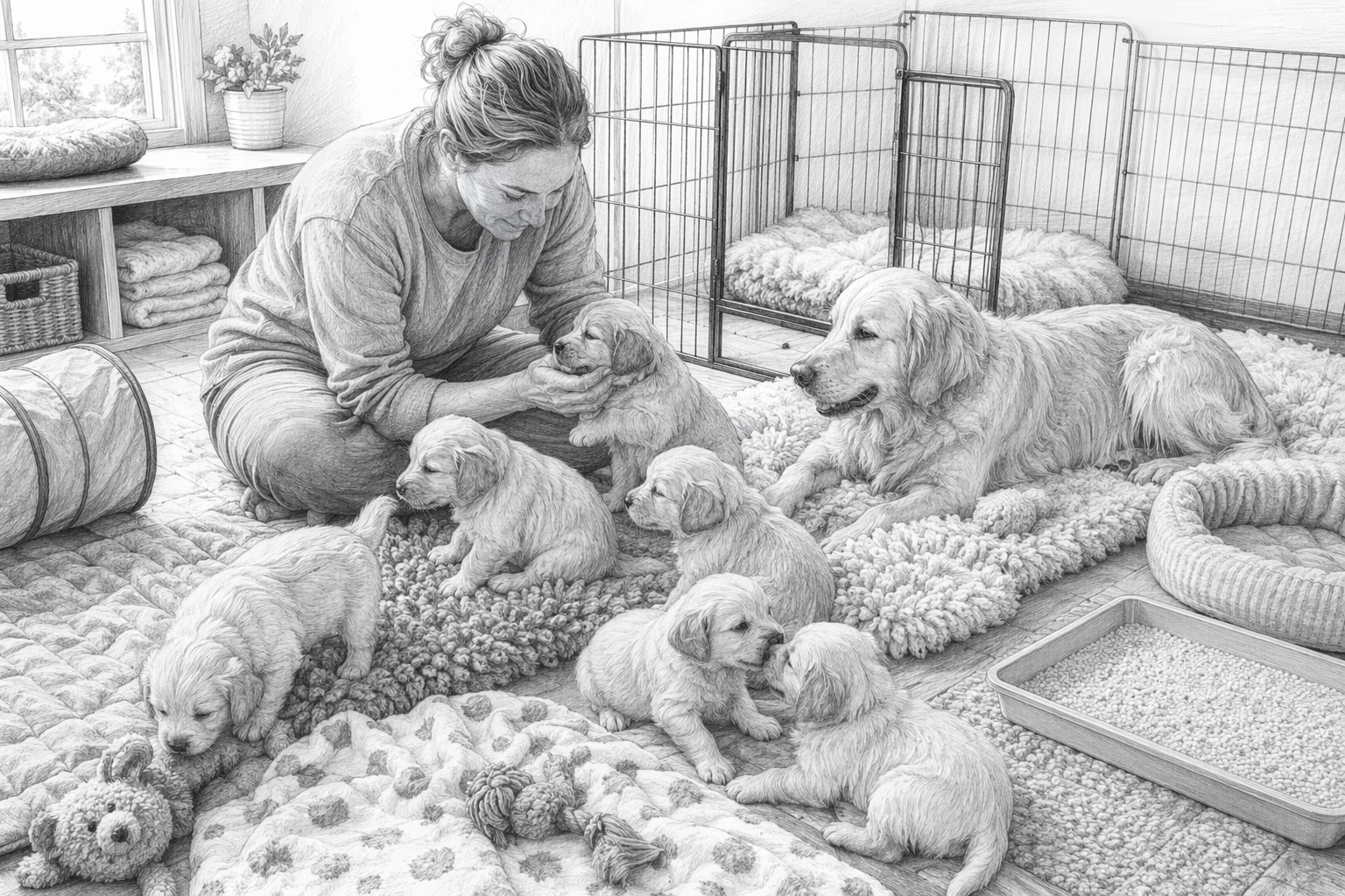 Breeder gently handling puppies in nursery