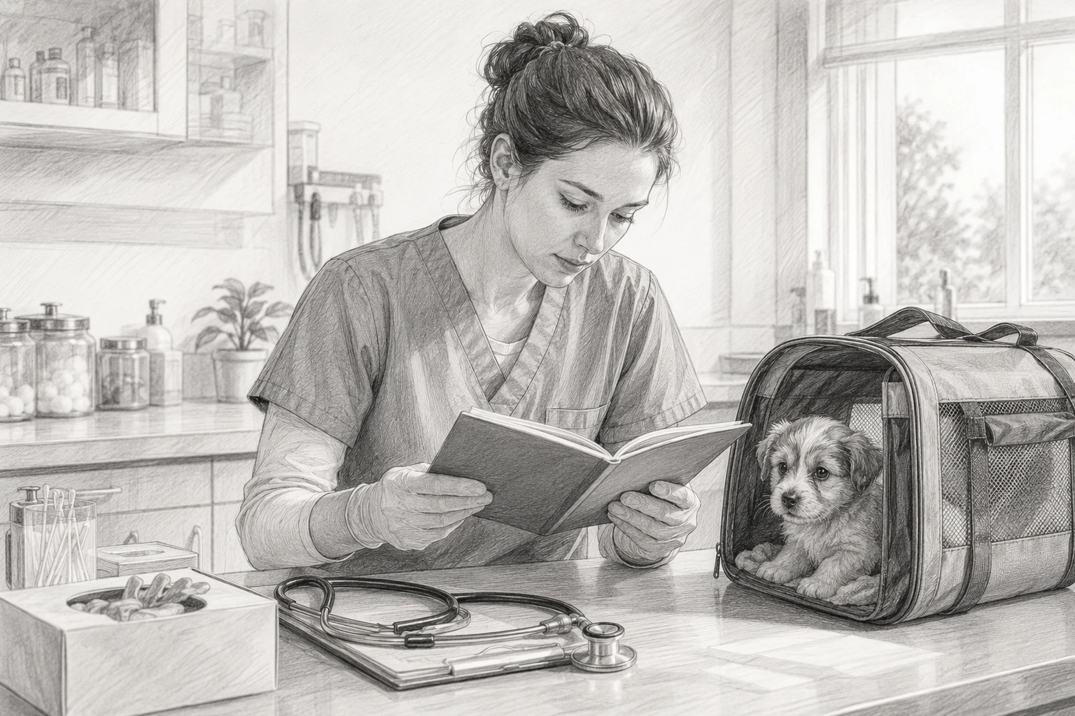 Vet technician reviewing puppy vaccine booklet in exam room