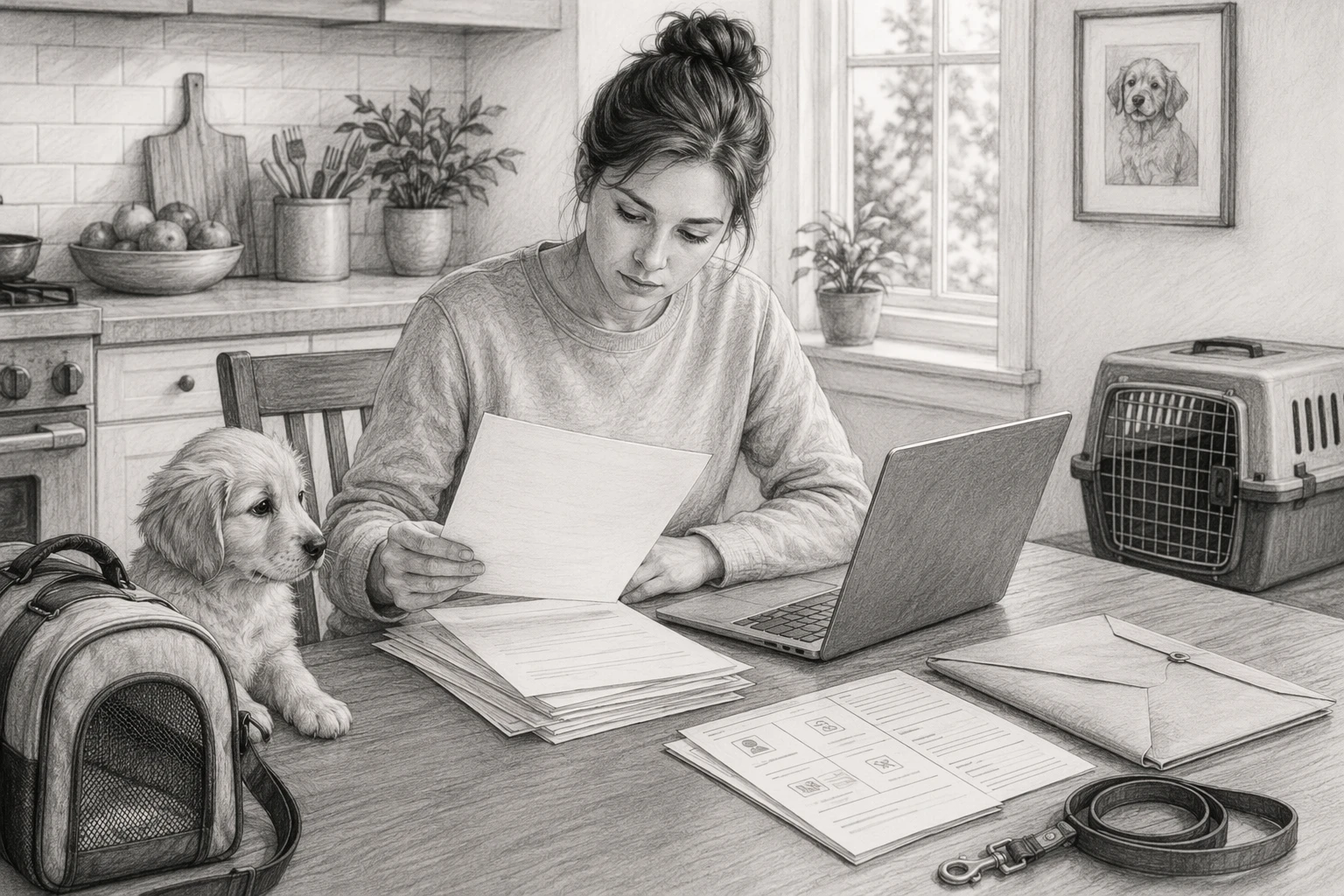 Buyer reviewing puppy contract at kitchen table