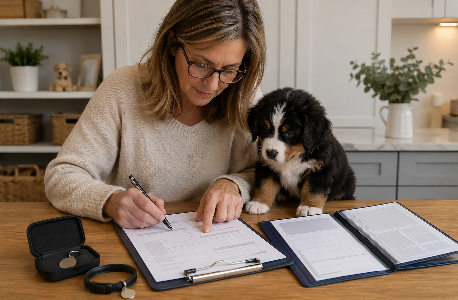 Breeder reviewing puppy contract with small puppy and vaccination folder