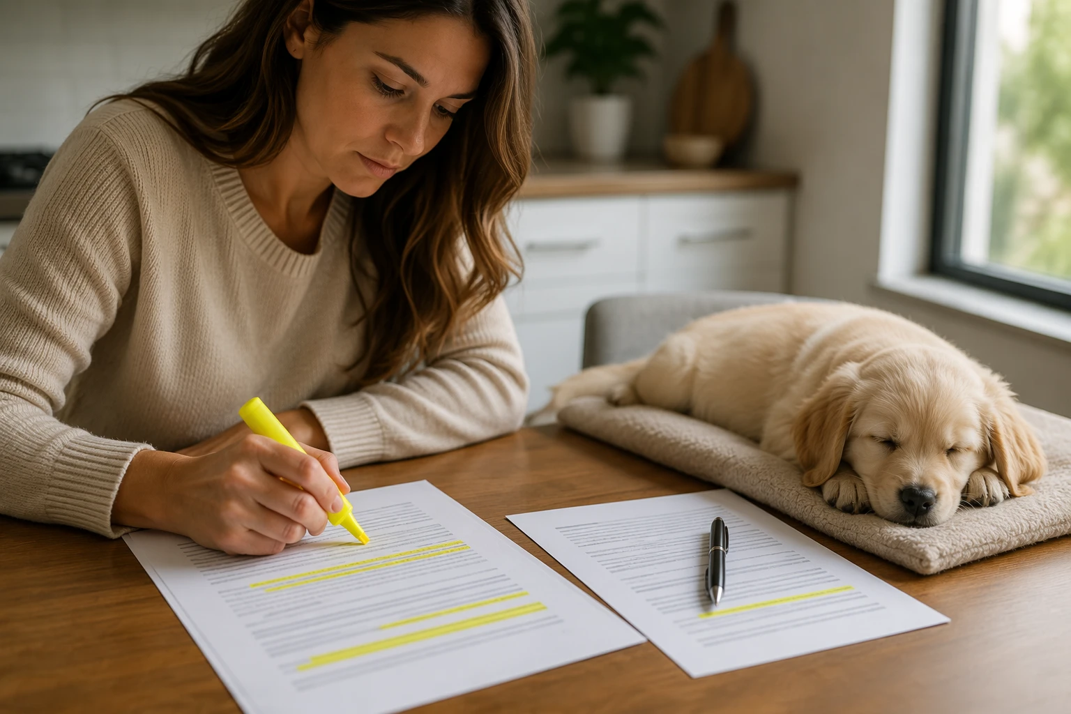 Buyer reviewing puppy registration papers at kitchen table
