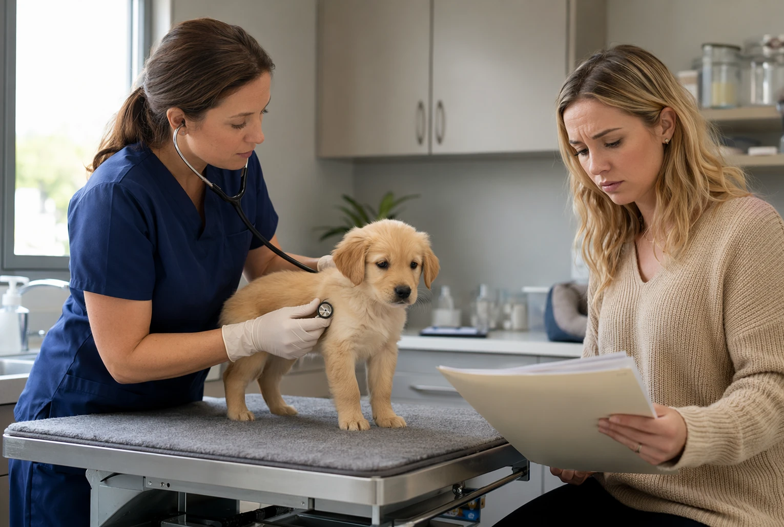 Vet examining puppy during health assessment