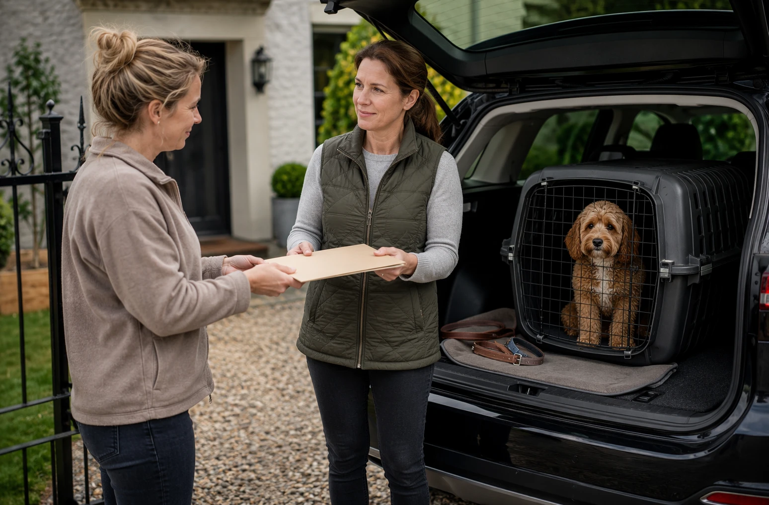 Owner handing folder to breeder with puppy in car crate