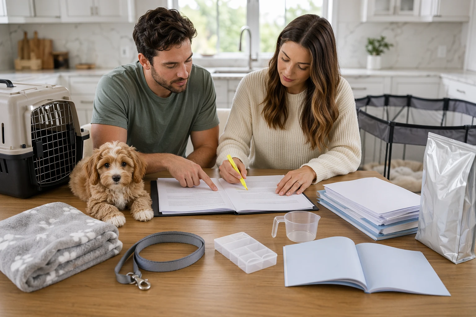 Couple reviewing puppy health and contract at kitchen table