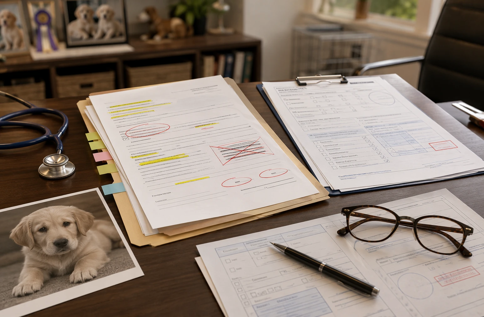 Breeder's desk with puppy contract and vet forms
