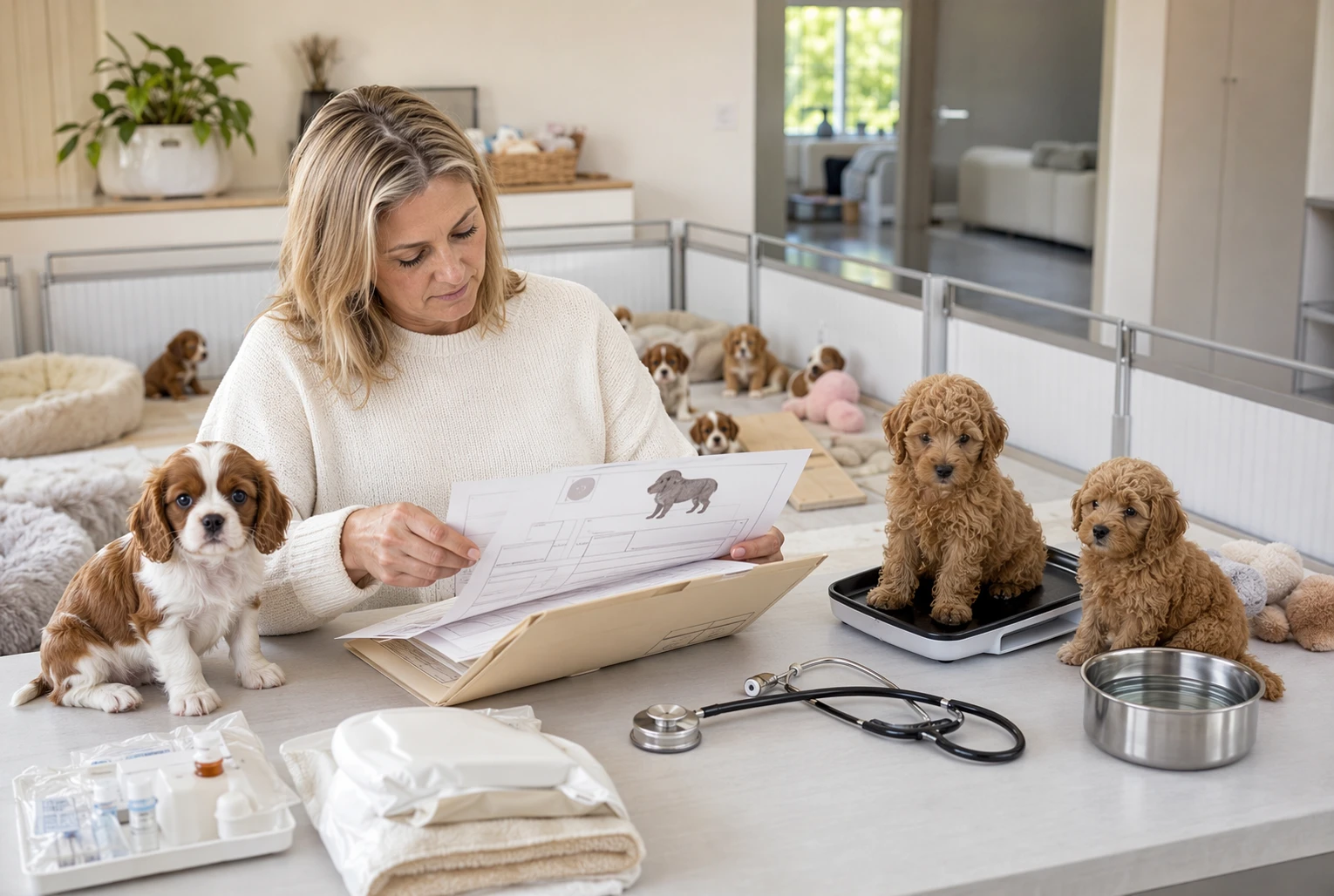 Family breeder reviewing puppy health records indoors