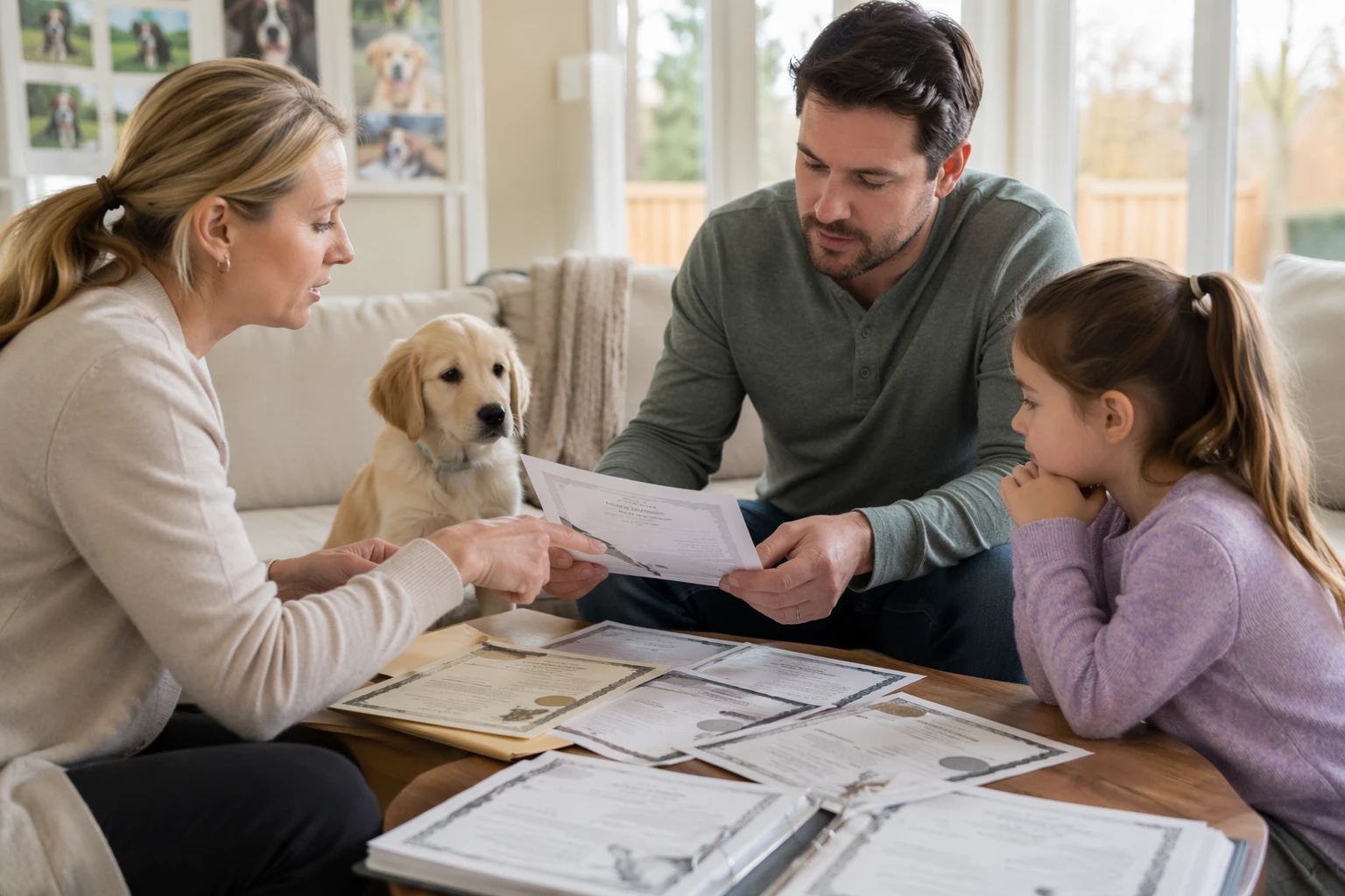 Parent and breeder reviewing puppy health certificates in bright living room