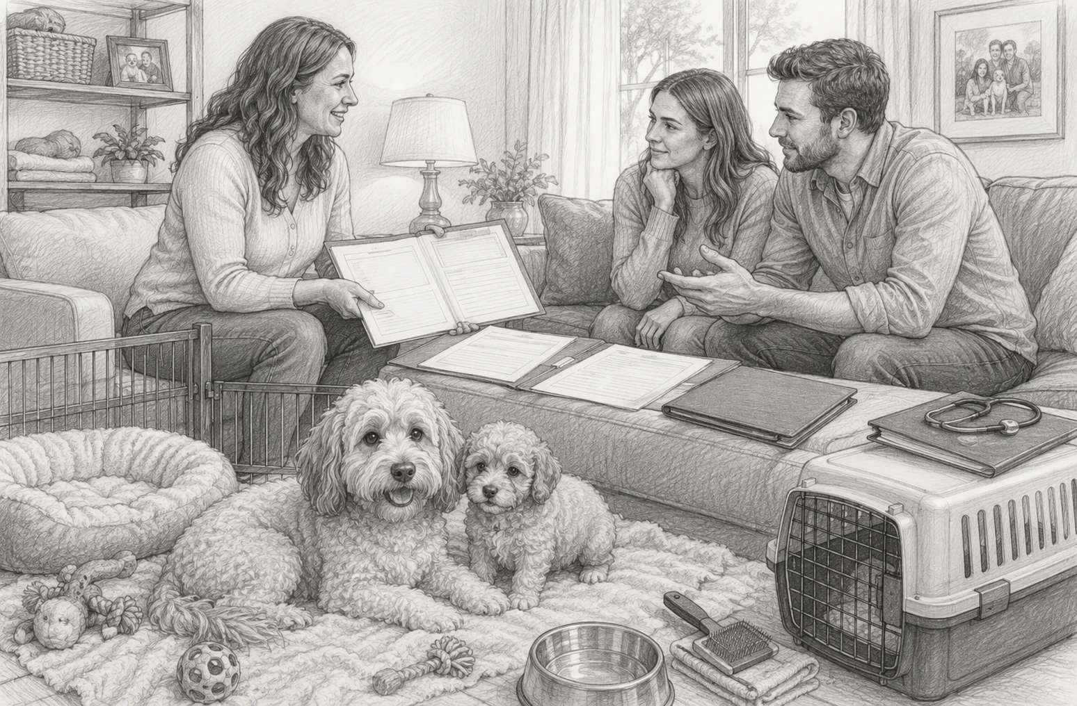 Family reviewing puppy health records with breeder