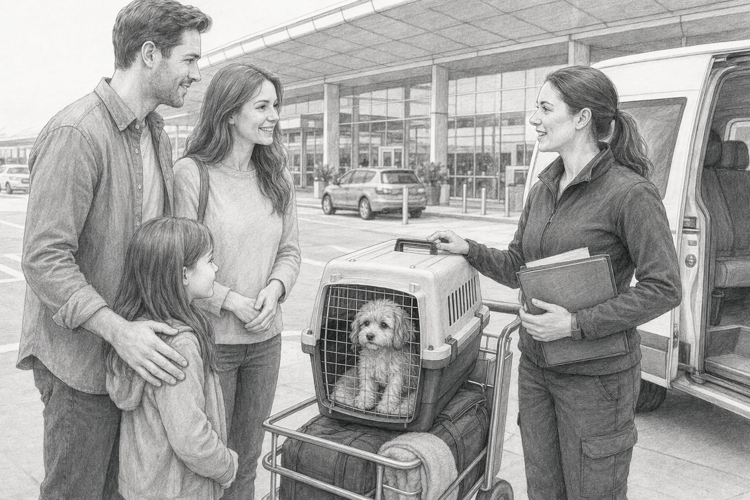 Family meeting outside airport with transporter and travel crate