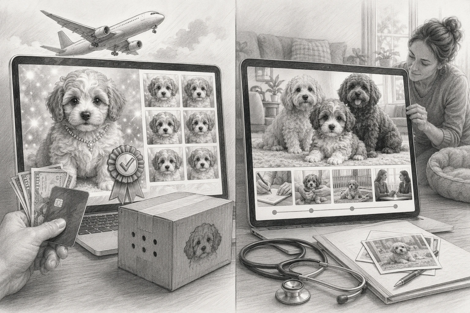 Side-by-side puppy listing screens with suspicious and legitimate details