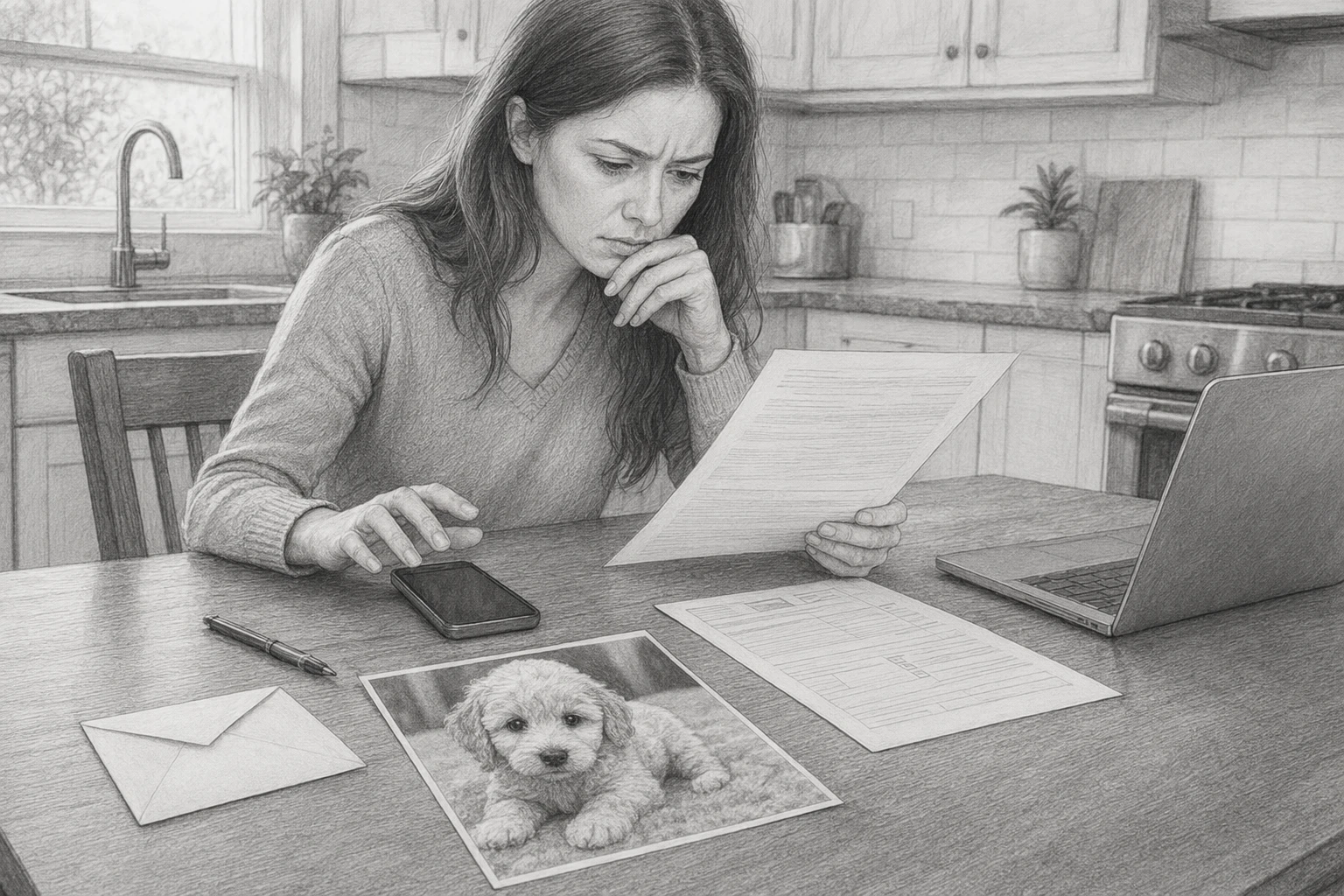 Buyer reviewing puppy contract at kitchen table