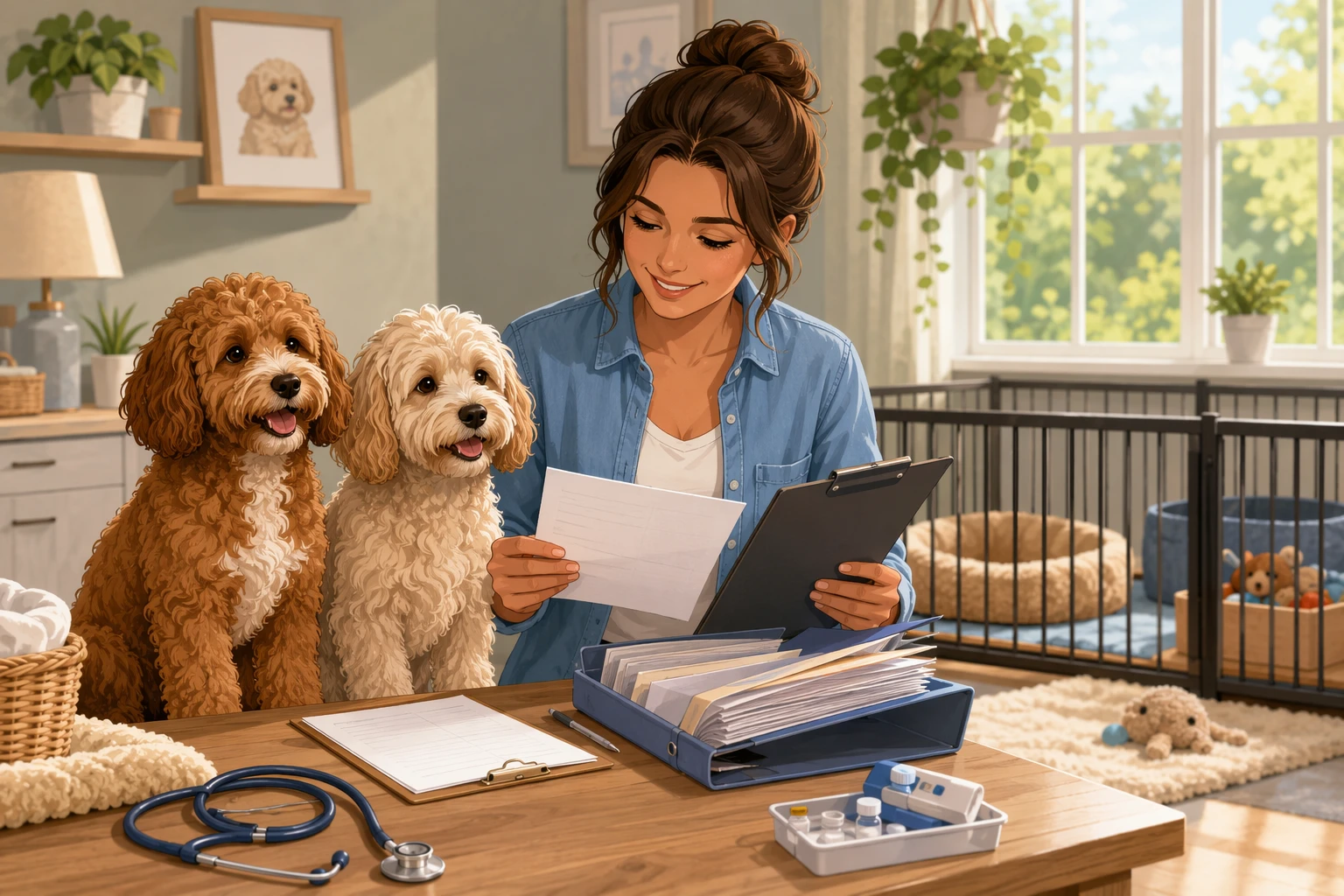 Breeder reviewing puppy health records with Cavapoo parents