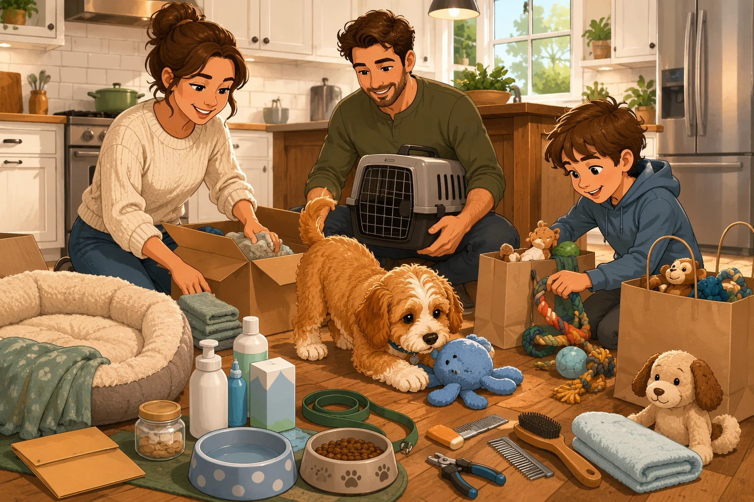 Family unpacking puppy supplies in cozy kitchen with Cavapoo