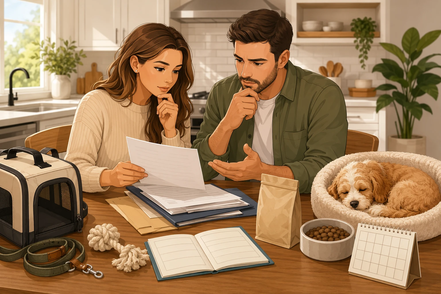 Couple reviewing puppy contract with sleeping Cavapoo