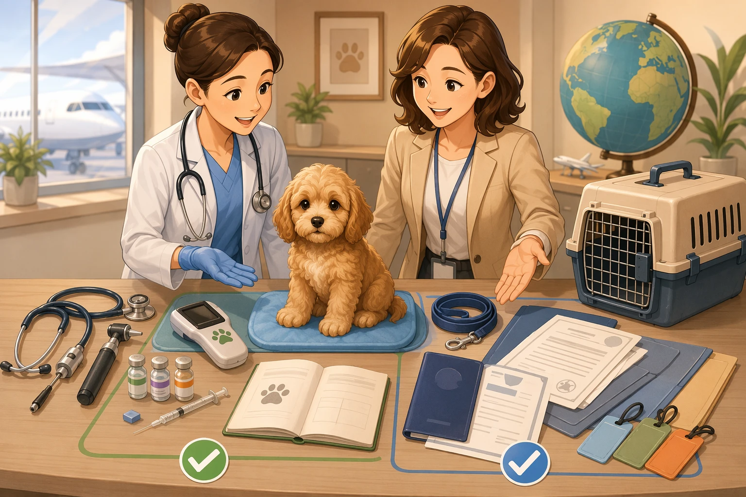 Cartoon Cavapoo with vet exam and microchip