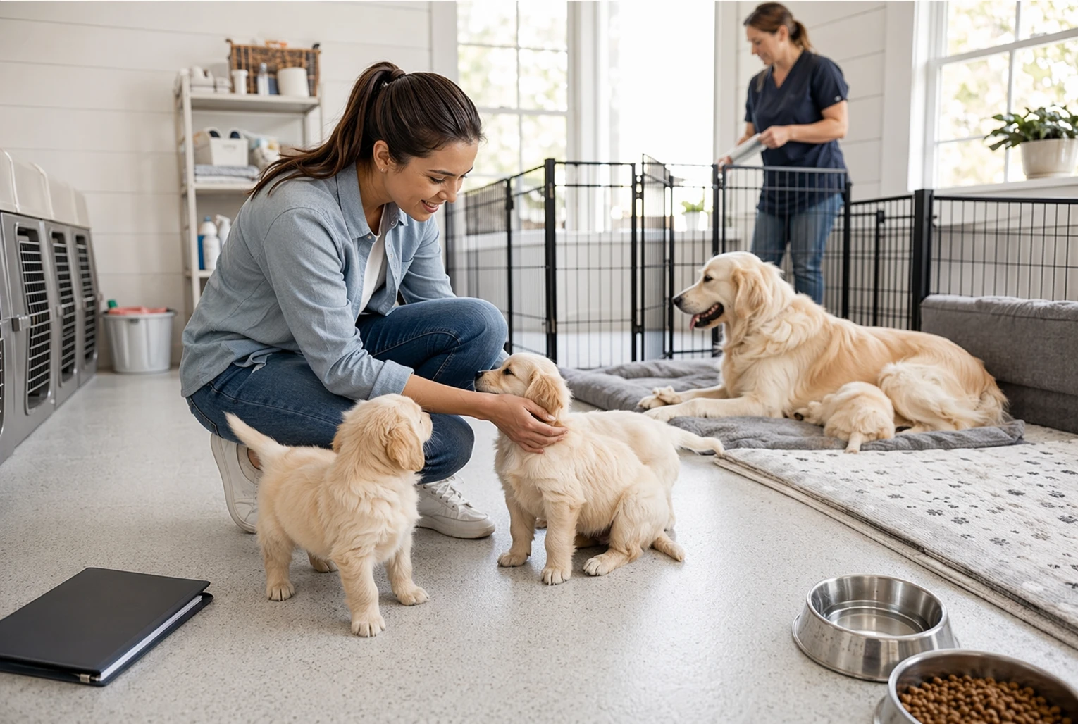 Buyer crouching beside playful puppies in a clean indoor whelping room
