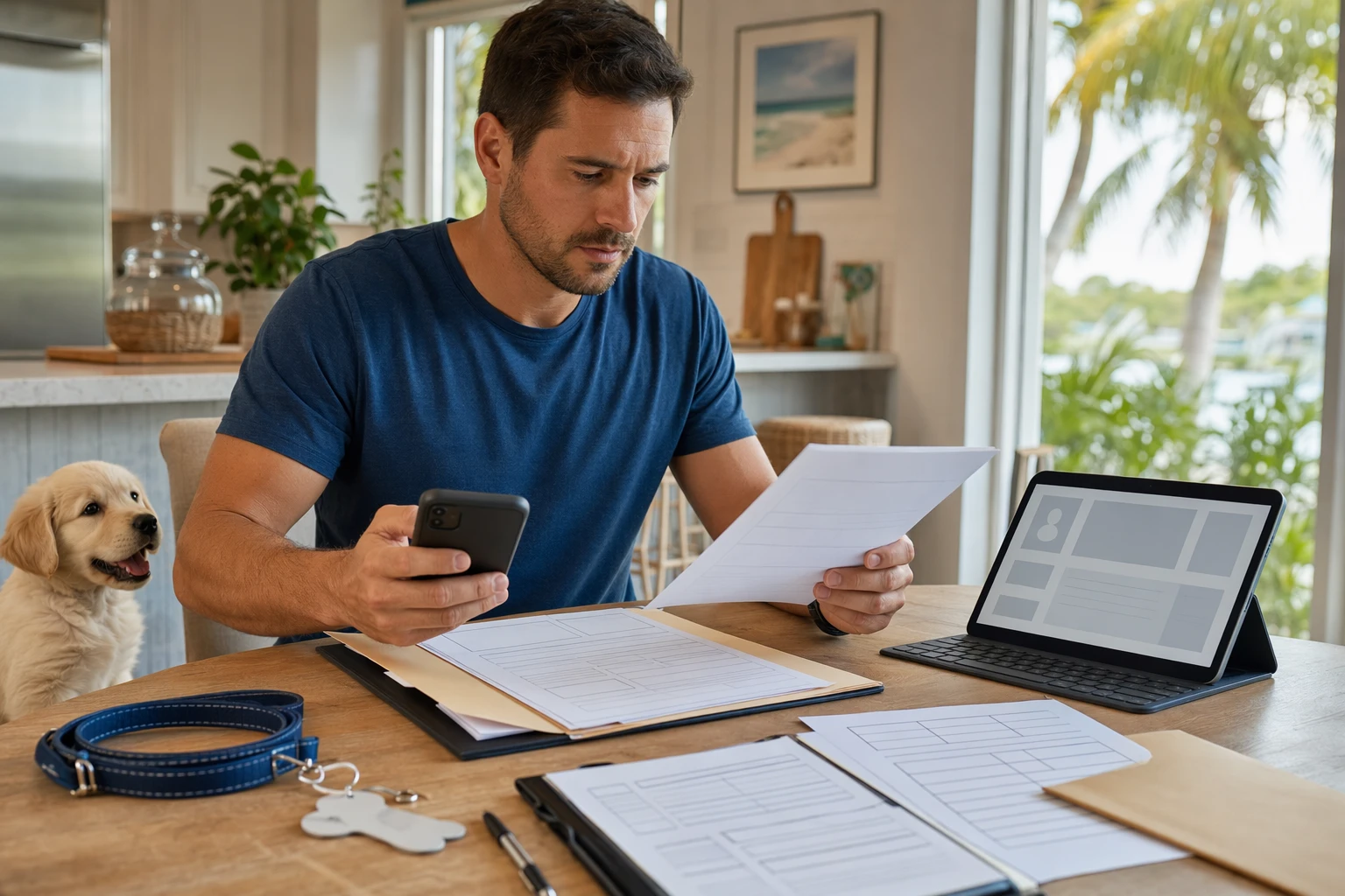 Buyer reviewing breeder contact details at kitchen table