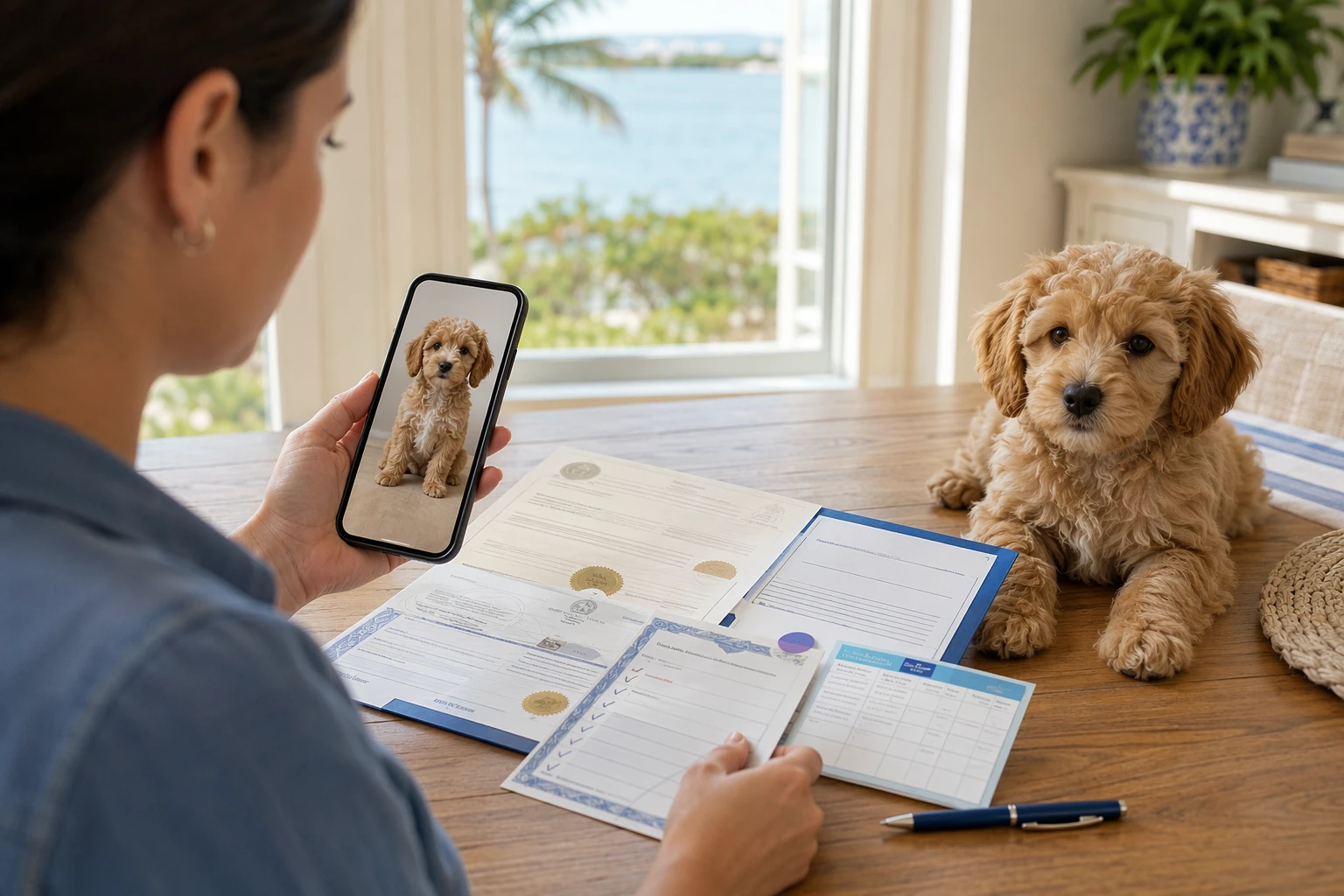 Buyer comparing vet records and puppy listing on phone