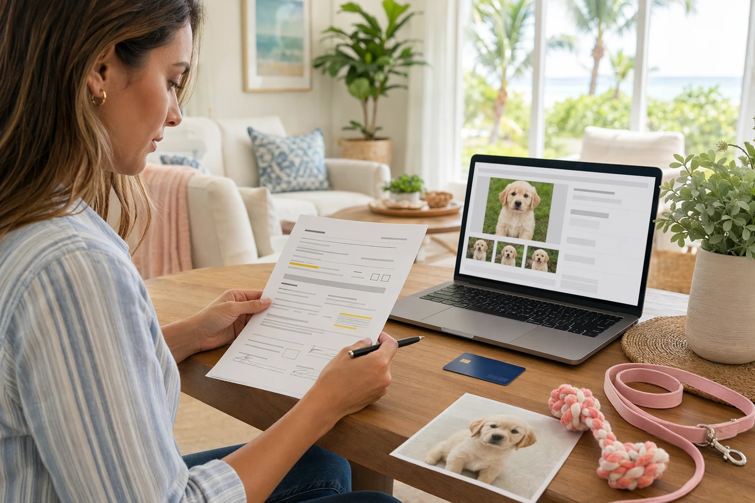 Buyer reviewing puppy purchase contract at home